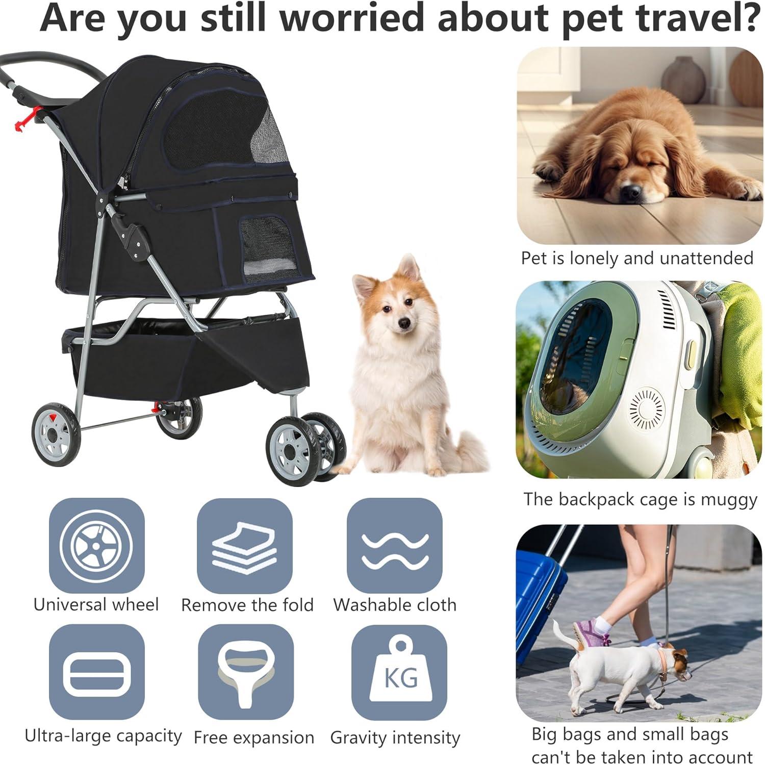 Dog Stroller, 3 Wheels Pet Cat Jogger Stroller, Folding Carrier Waterproof Puppy Stroller with Cup Holder & Removable Liner, Dog Strollers for Small Dogs, for Small and Medium Pets