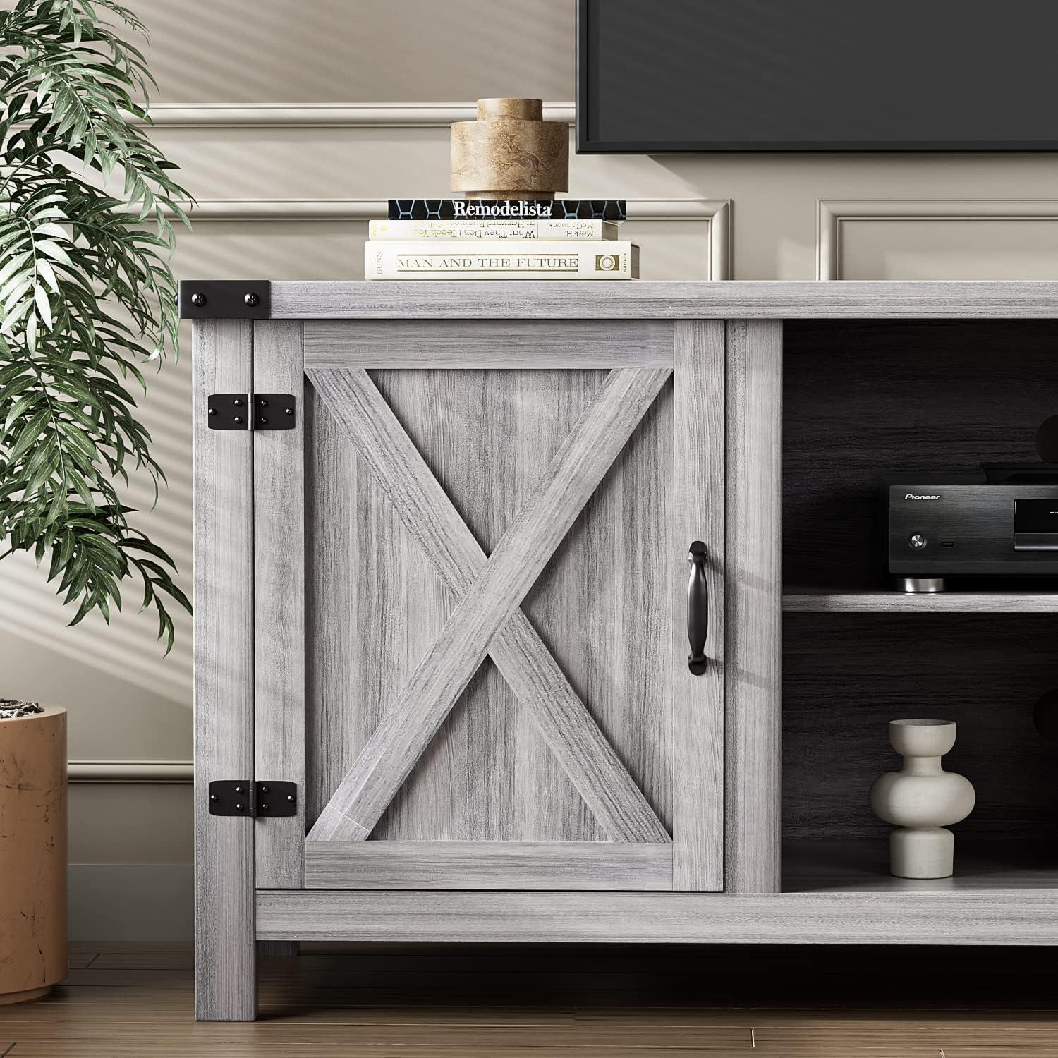 Gray Wash Barn Door TV Stand with Storage Cabinets