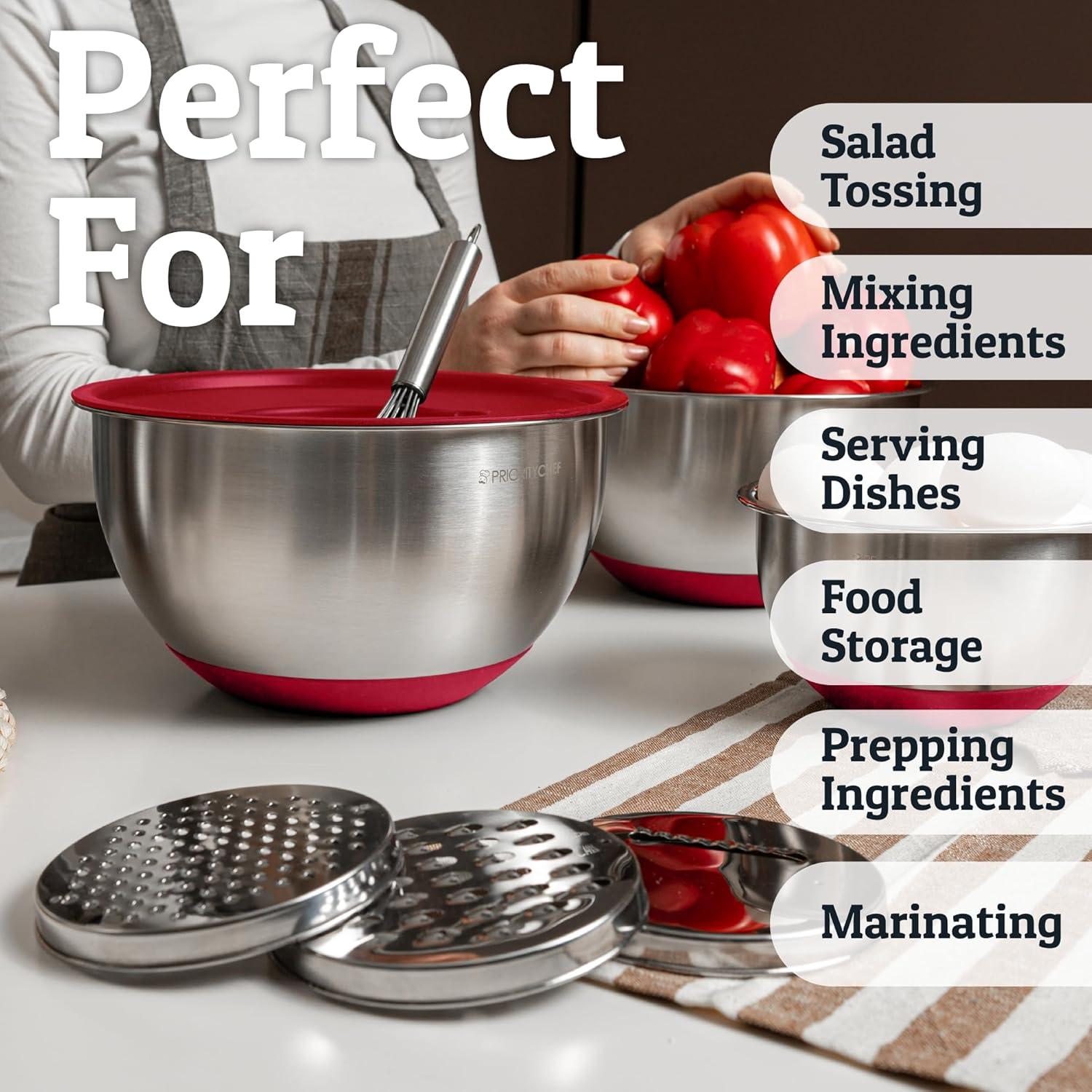 Mixing Bowls with Lids Set - Nesting Bowls with Airtight Lids + Graters - Stainless Steel Non-Slip Mixing Bowl for Baking, (Red, 5-Piece Set)