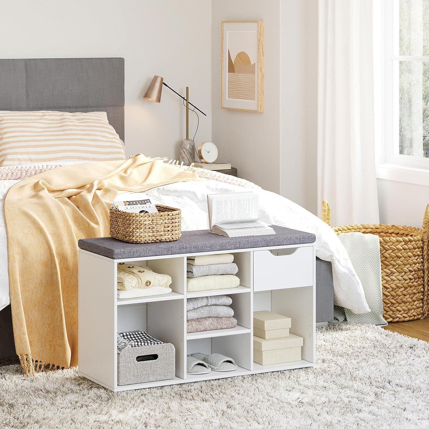 White Entryway Shoe Bench with Drawer and Gray Cushion