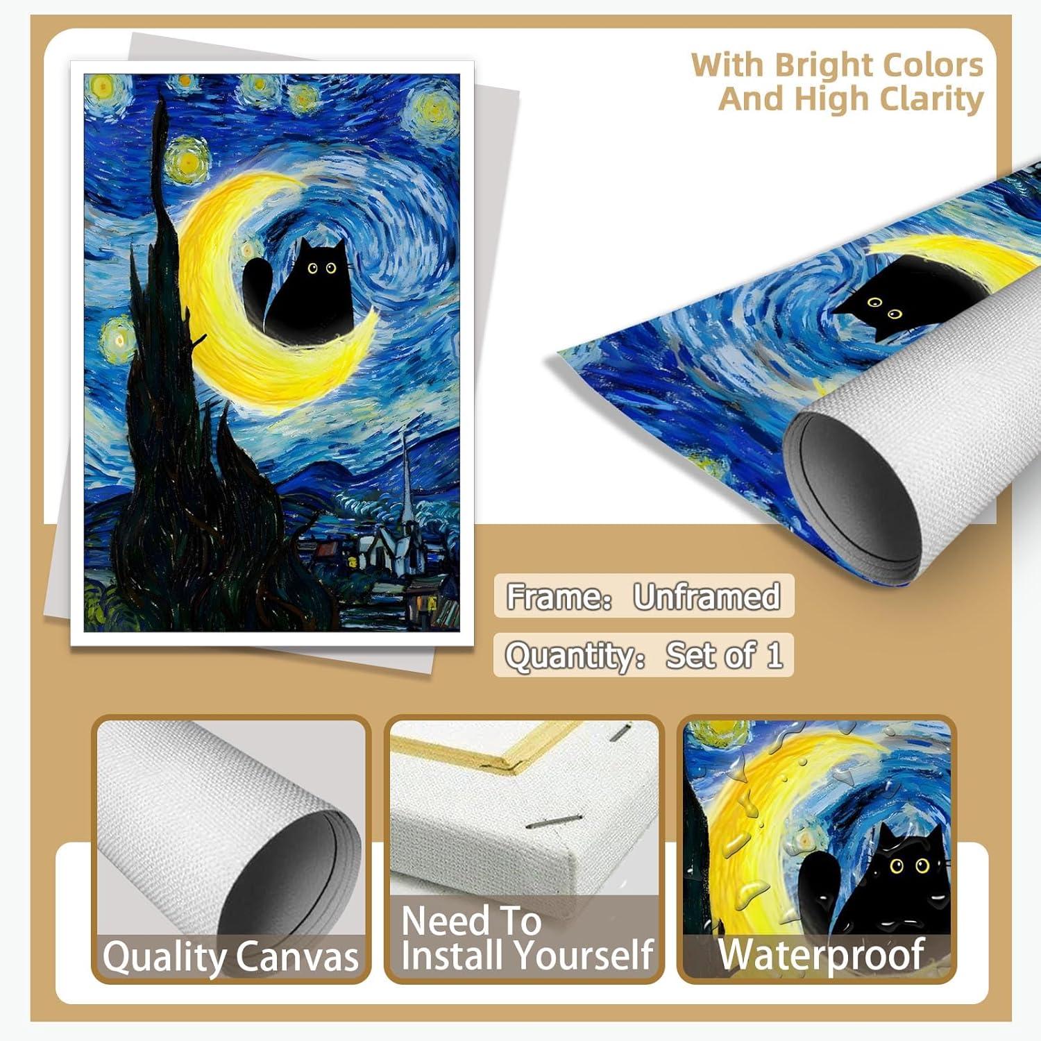 Starry Night Black Cat Canvas Wall Art 12x16