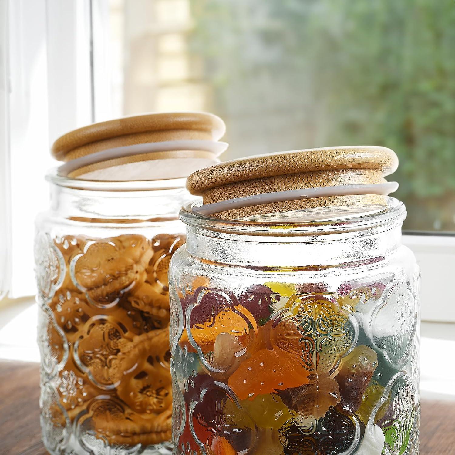 Vintage Clear Glass Jars with Bamboo Lids, Set of 2