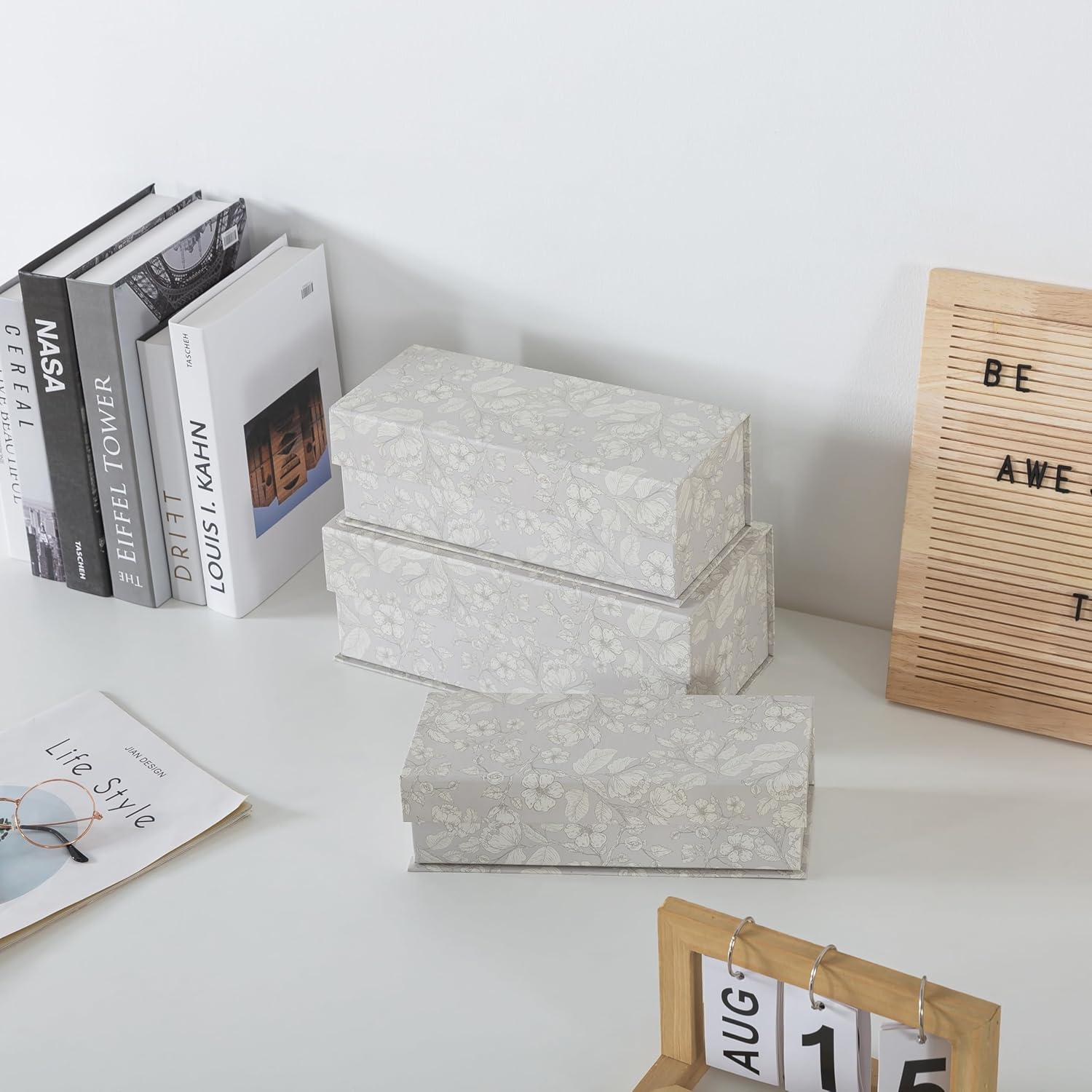 Soul & Lane Decorative Storage Boxes with Lids, Set of 3 Memory Keepsake Boxes with Magnetic Closure, Cardboard Storage for Photos, Documents, Gifts, Home Decor, Subtle Bloom