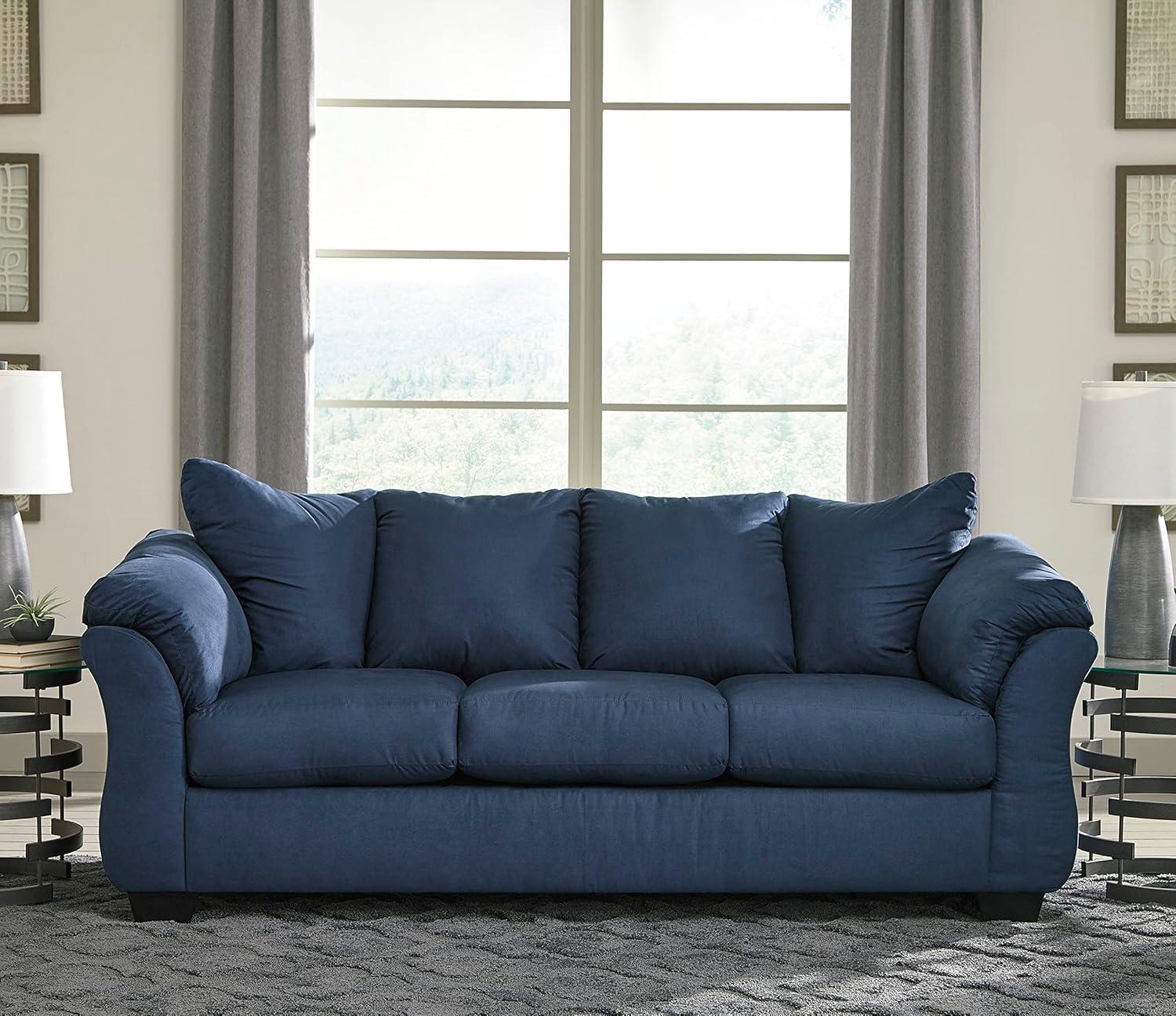 Aruca Navy Blue Microfiber Pillow Back Sofa with Flared Arms