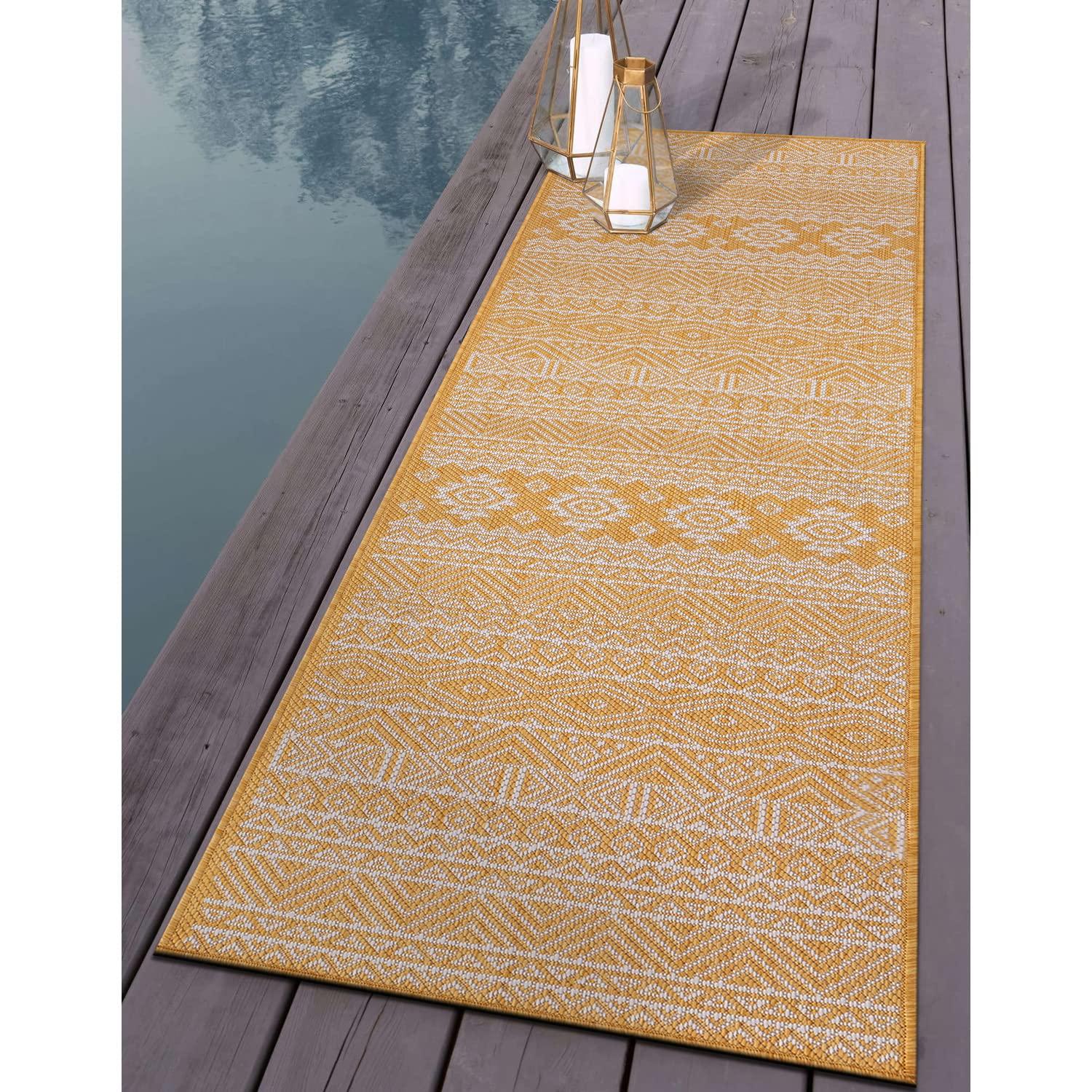 World Rug Gallery Distressed Geometric Bohemian Textured Flat Weave Indoor/Outdoor Area Rug - YELLOW 2'x7'