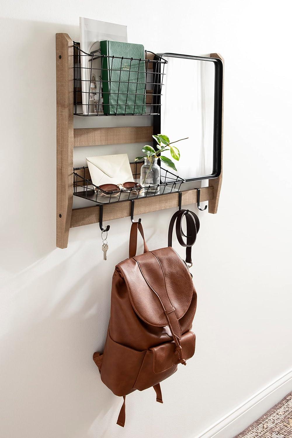 Rustic Brown Wall Organizer with Mirror and Hooks