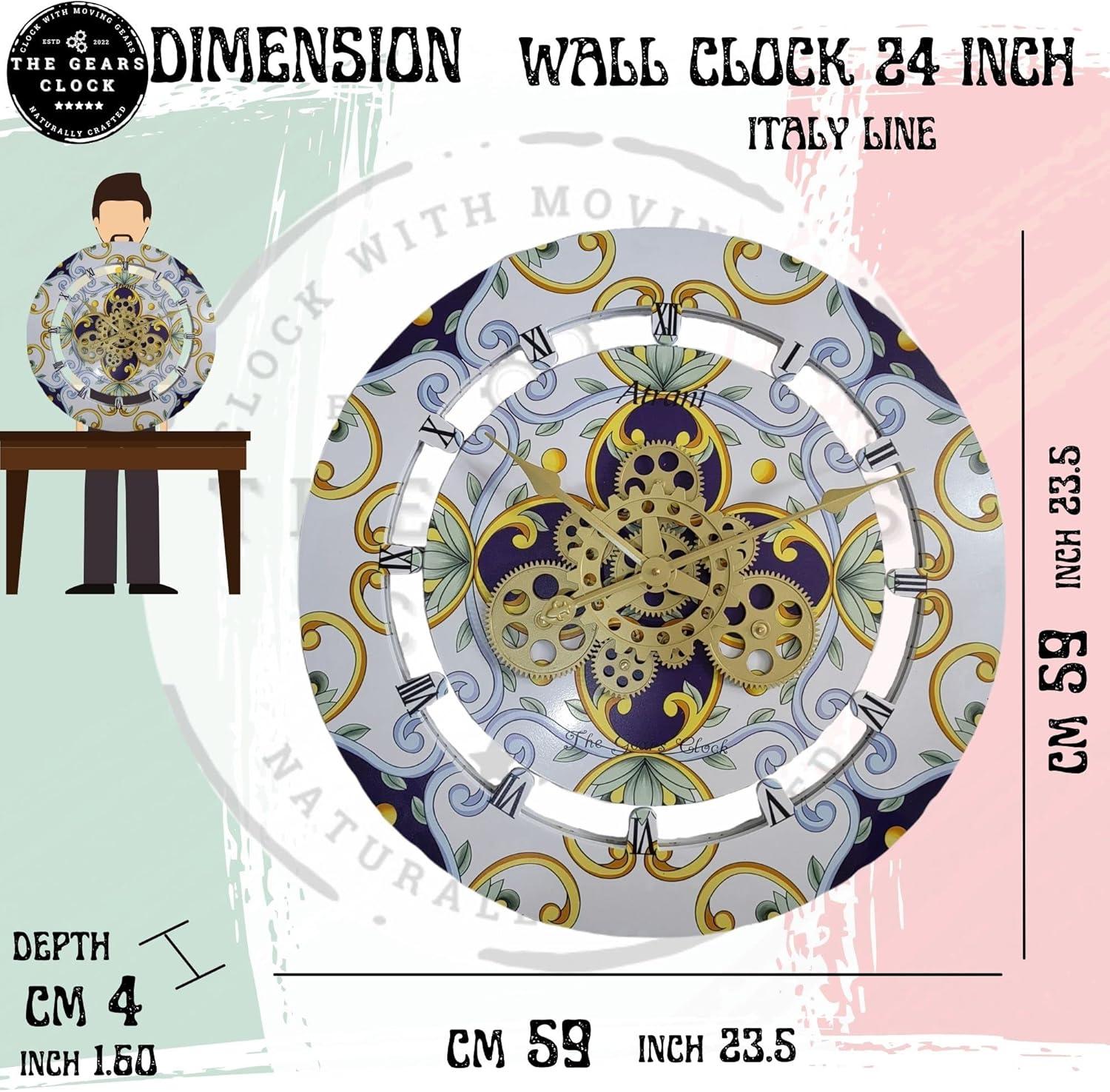 Wall Clock 24" Oversized for Living Room decor with Real Moving Gears Italy Collection