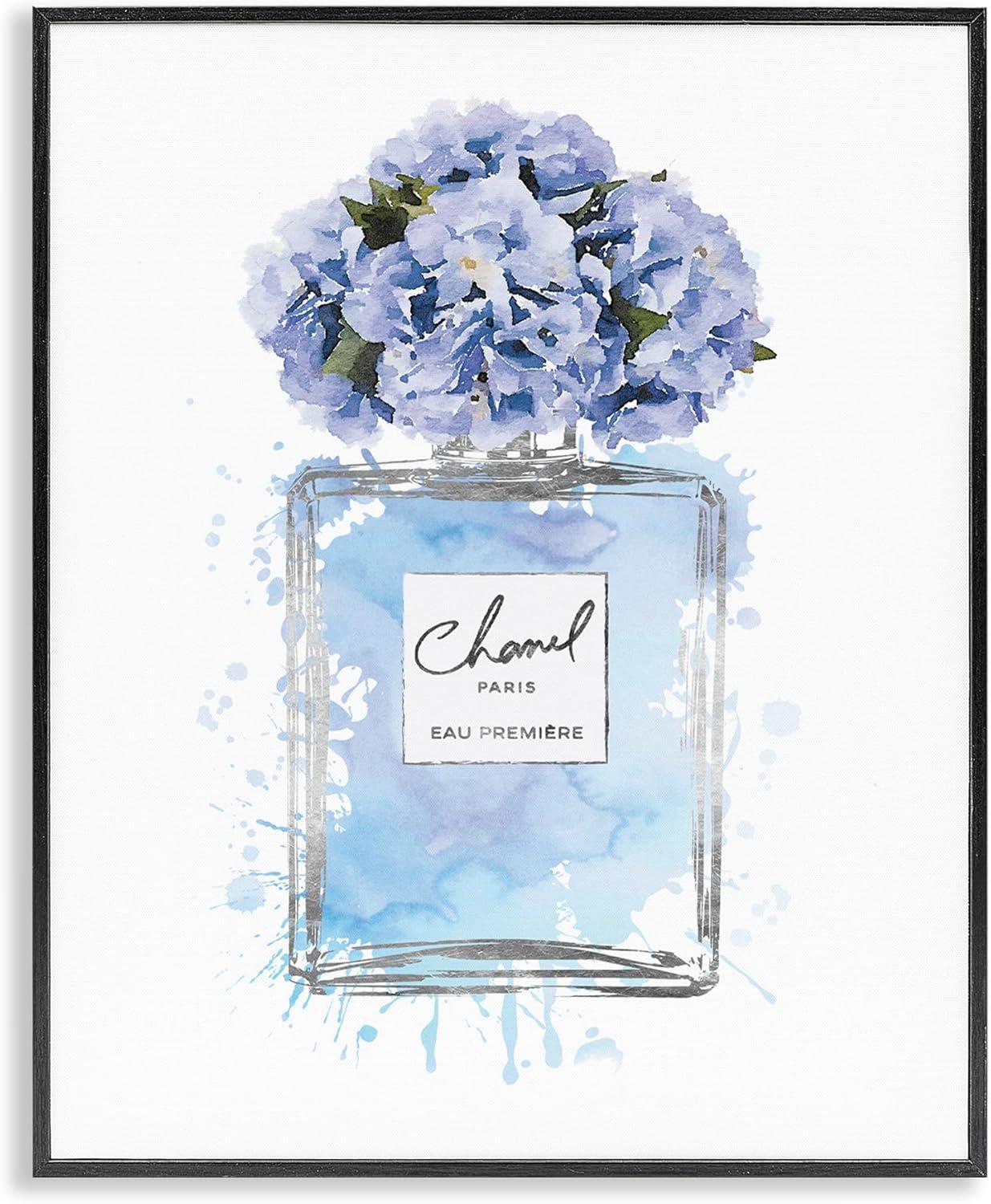 Blue Flowers Perfume Bottle Watercolor Framed Wall Art, 11x14