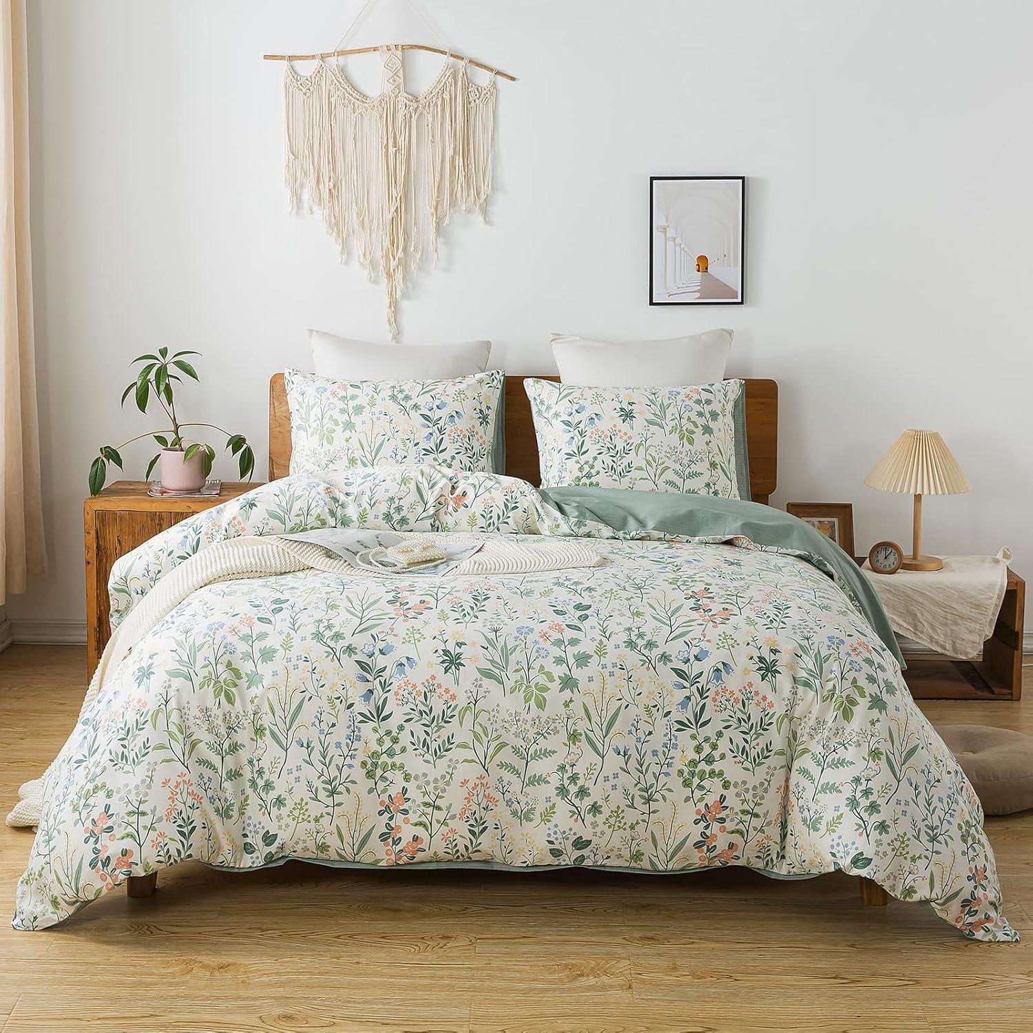 King Size Green Floral Cotton Duvet Cover Set