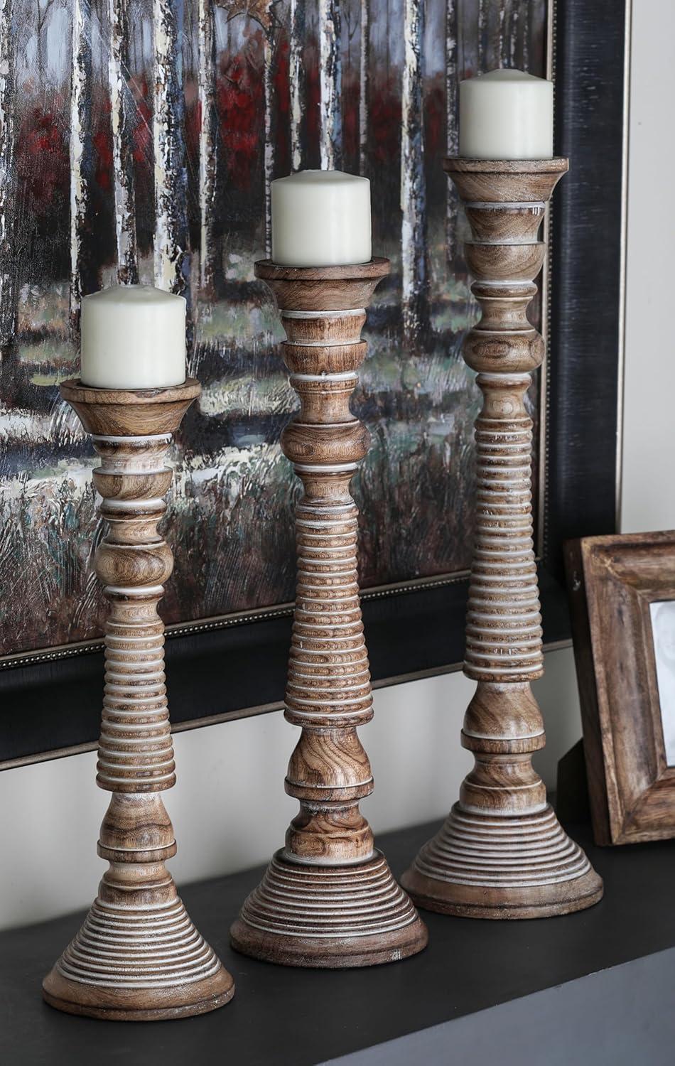 Mocha Brown Mango Wood Candlestick Trio with Gray Wash