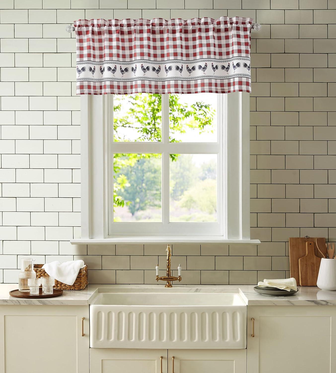 Red Gingham Rooster Print Polyester Kitchen Curtain Set