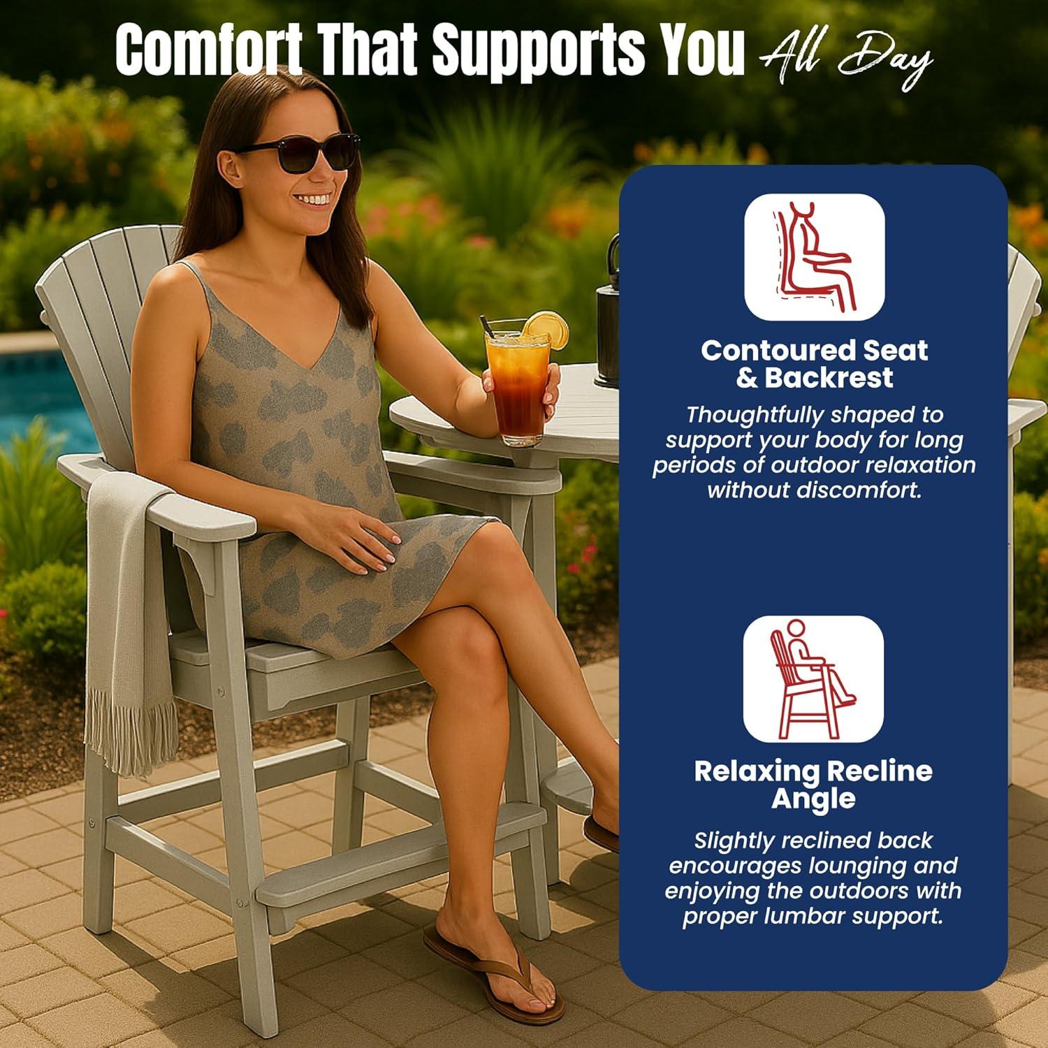 Phat Tommy Tall Adirondack Chair - HDPE Outdoor Furniture - Poly Adirondack Bar Stool - Heavy, Stress Free Furniture for Balcony, Deck, Patio, Front Porch, Grey