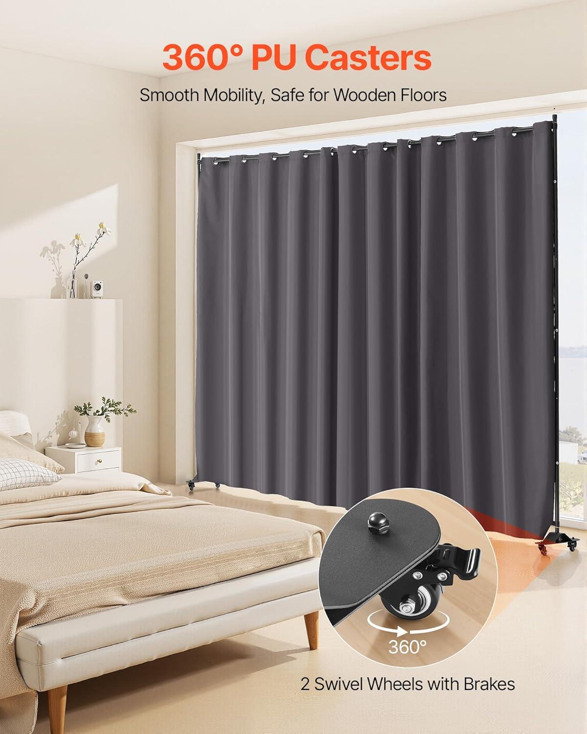 VEVOR Room Divider, Portable Panel Room Divider with Wheels Curtain Divider Stand, Freestanding Partition Divider Privacy Screen for Office, Bedroom, Dining Room, Study, Grey