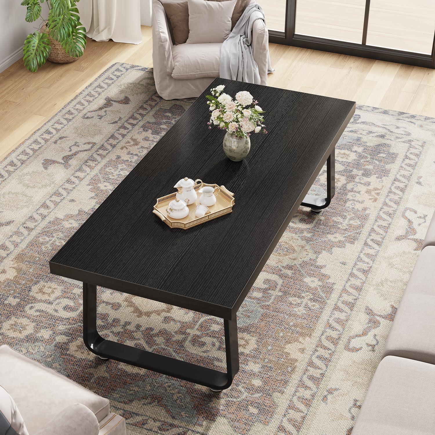 Latitude Run® Black Coffee Table, Industrial Wood And Metal Legs Center Table, Black Oak, 47 Inch