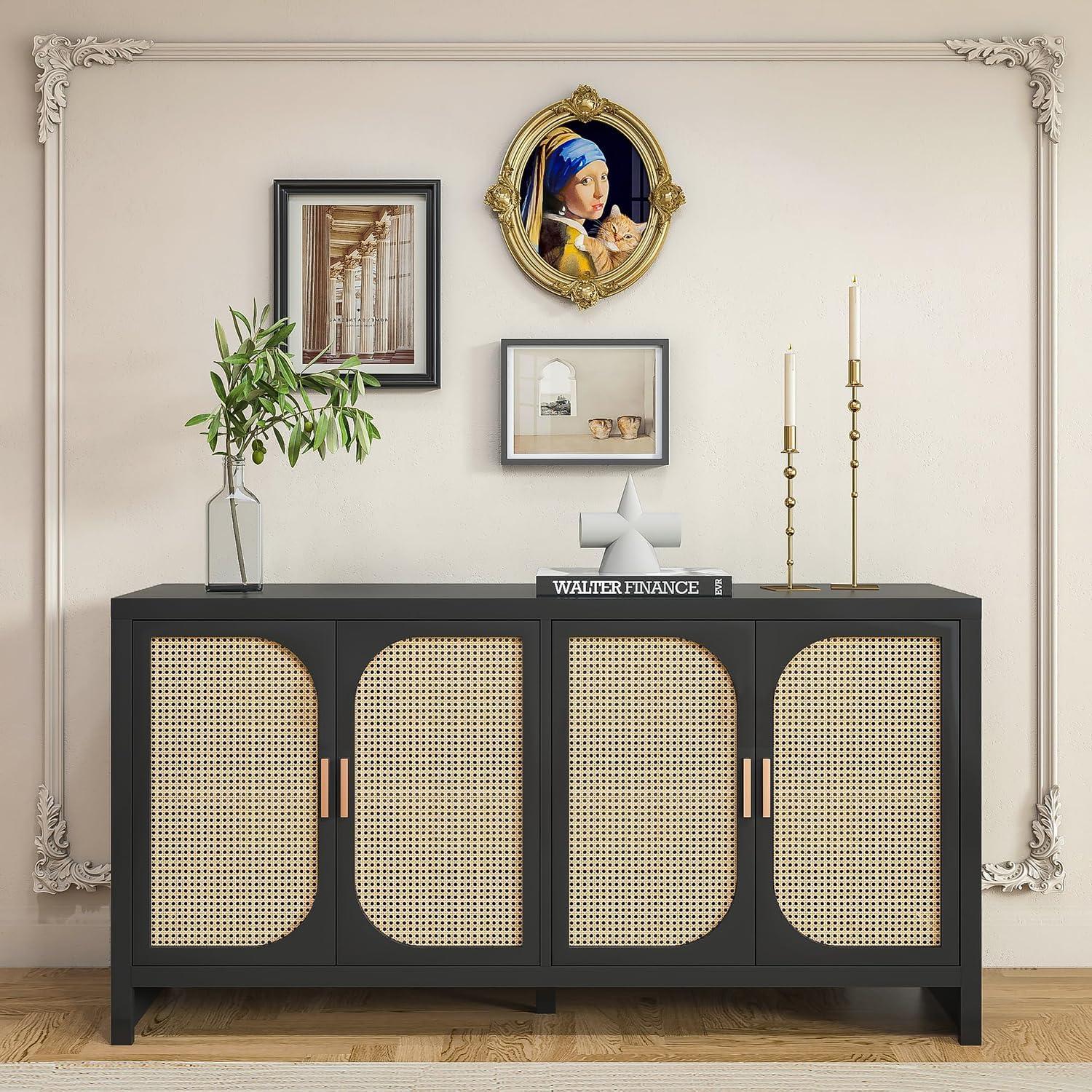 Furtivusia Rattan Sideboard, Accent Cabinet with Doors, Coffee Bar Cabinet with Adjustable Shelves for Kitchen, Living Room, Black