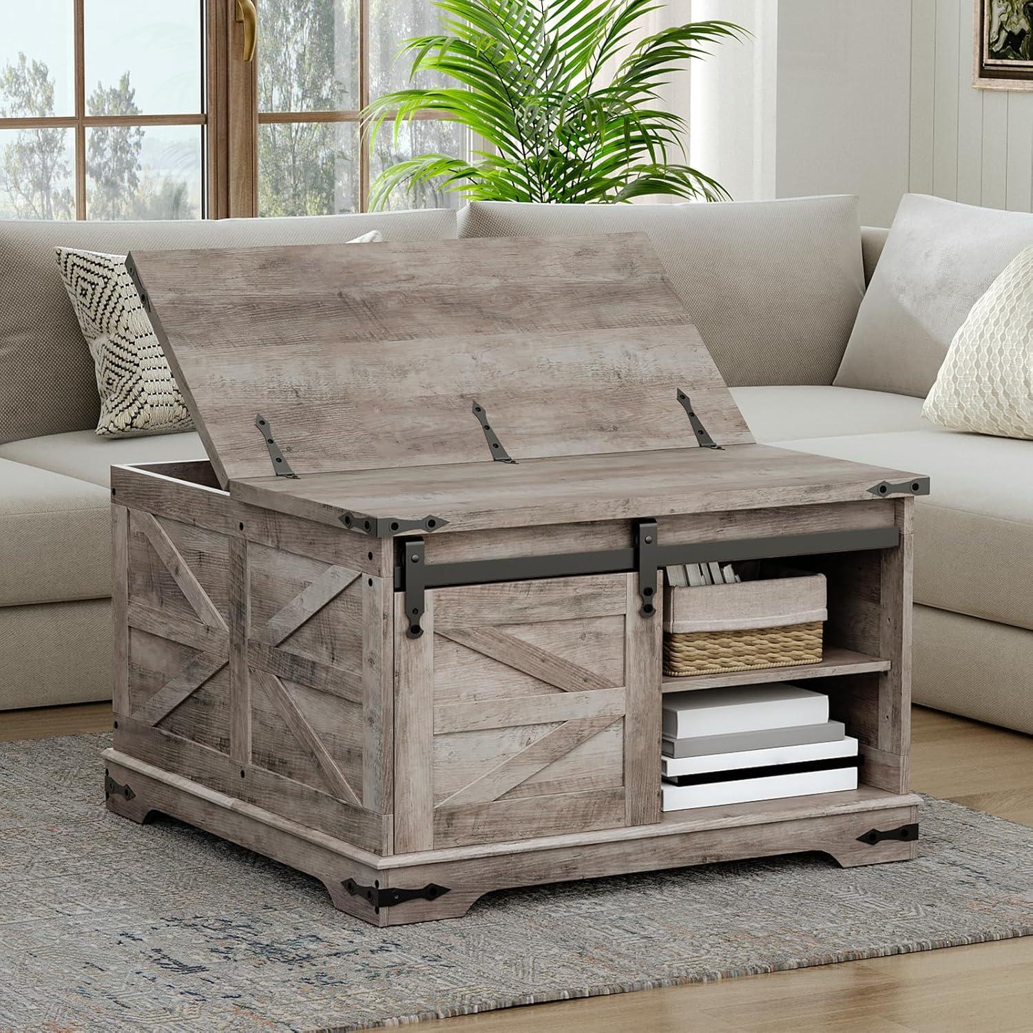 Gray Square Lift-Top Farmhouse Coffee Table with Storage