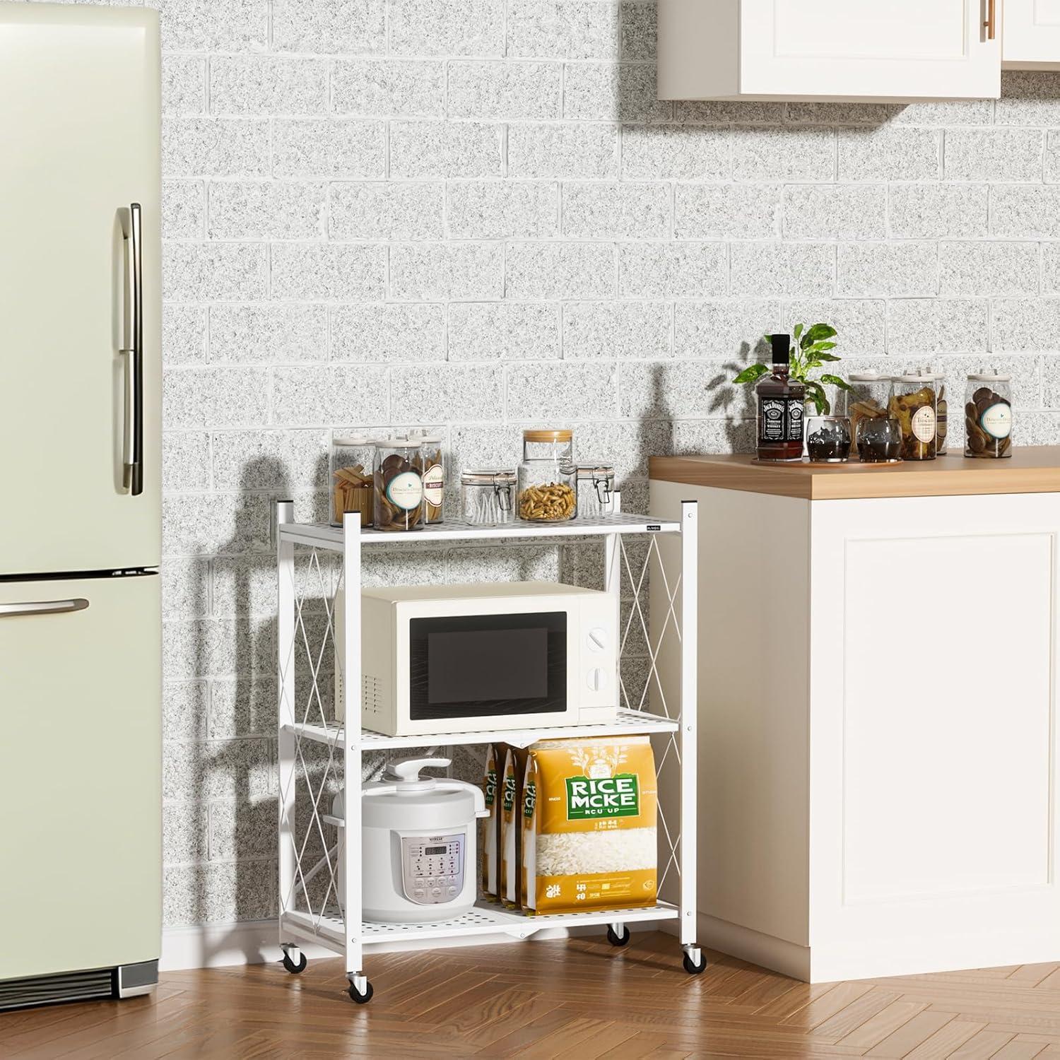 3-Tier Storage Shelves with Wheels, Folding Bookshelf No Assembly, Metal Display Shelf for Balcony, Kitchen, Basement, Pantry, White