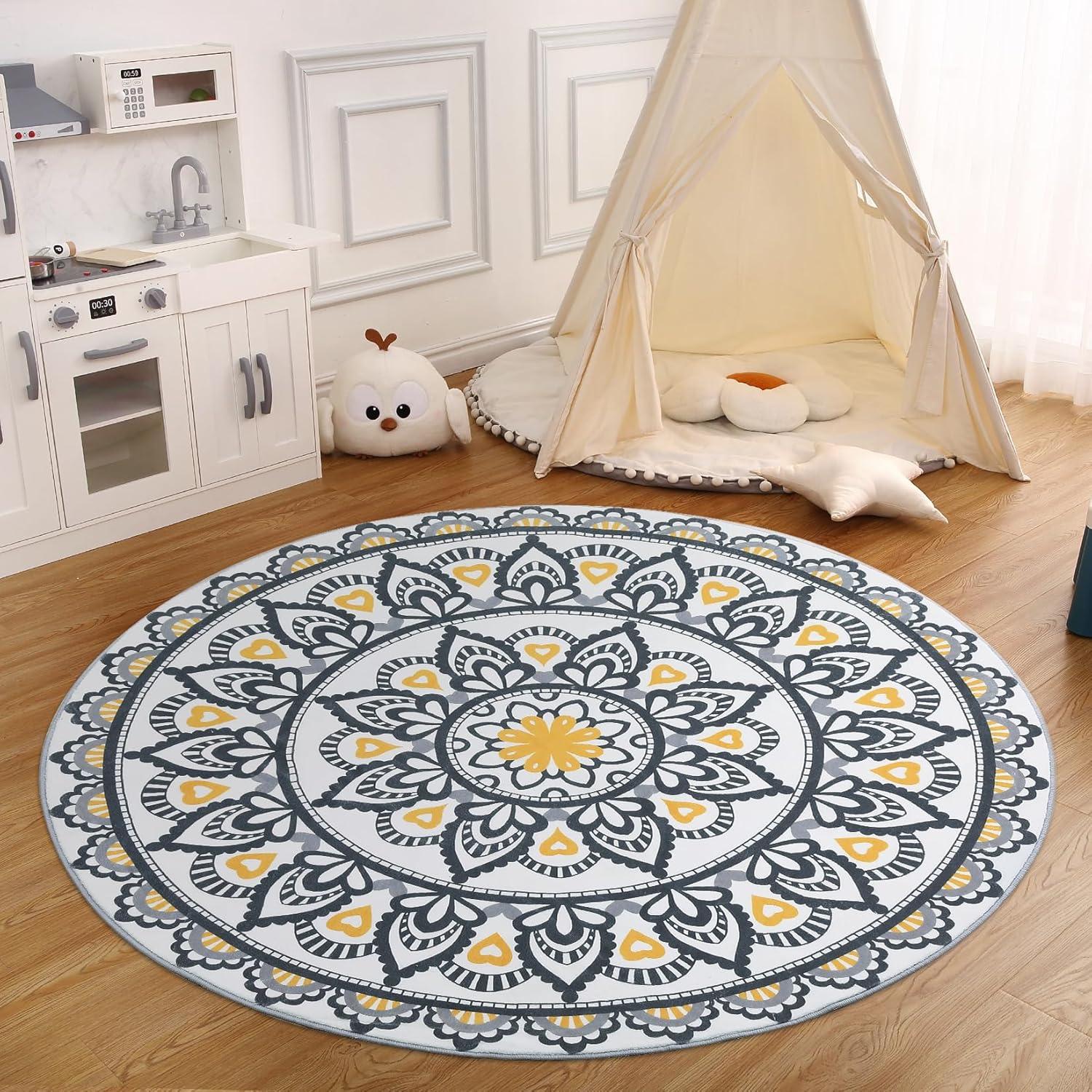 Hasoo 4FT Round Area Rug for Living Room Washable Boho Vintage Oriental Circle Carpet Throw Rug Carpet for Hallway Bedroom Laundry Entryway, Yellow