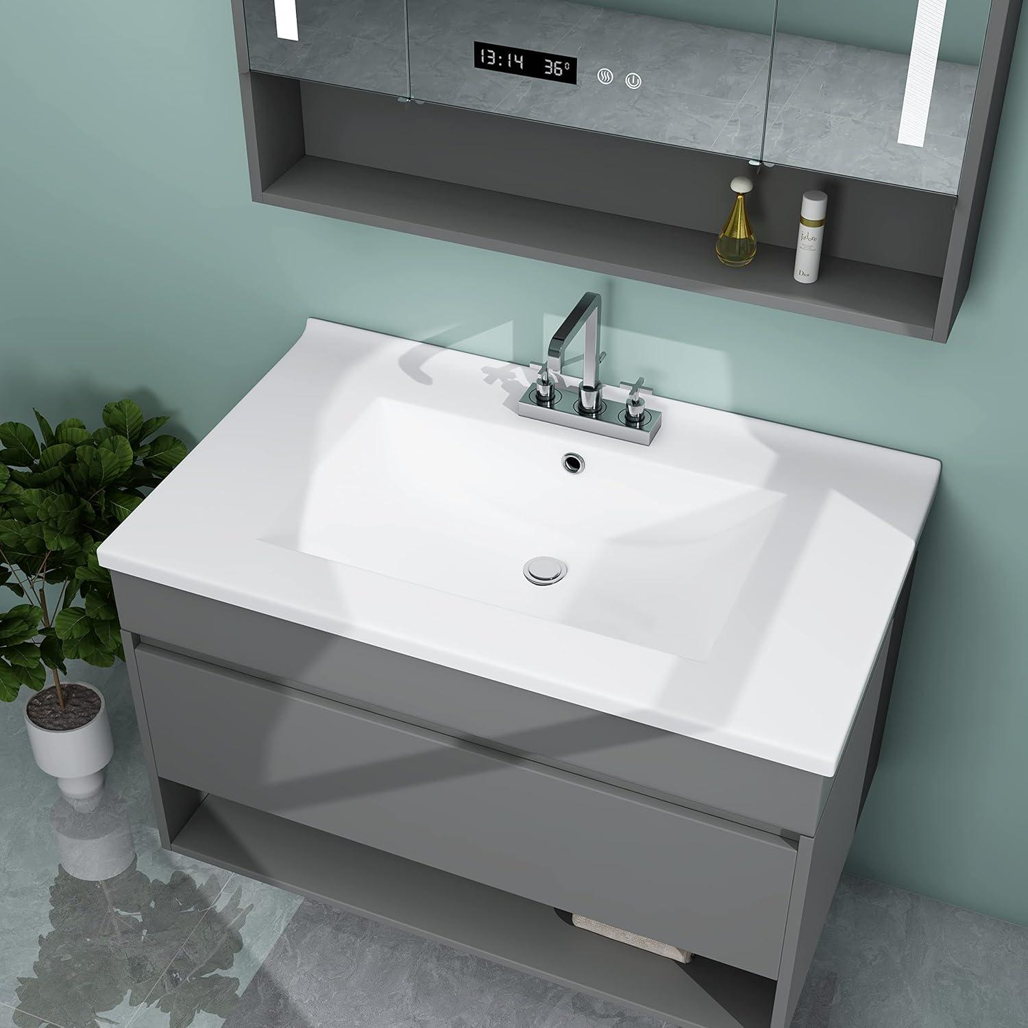 MEJE 30x18 inch Drop in Rectanglar 3 Holes Bathroom Sink, Vanity Top Only, White Glossy Finish