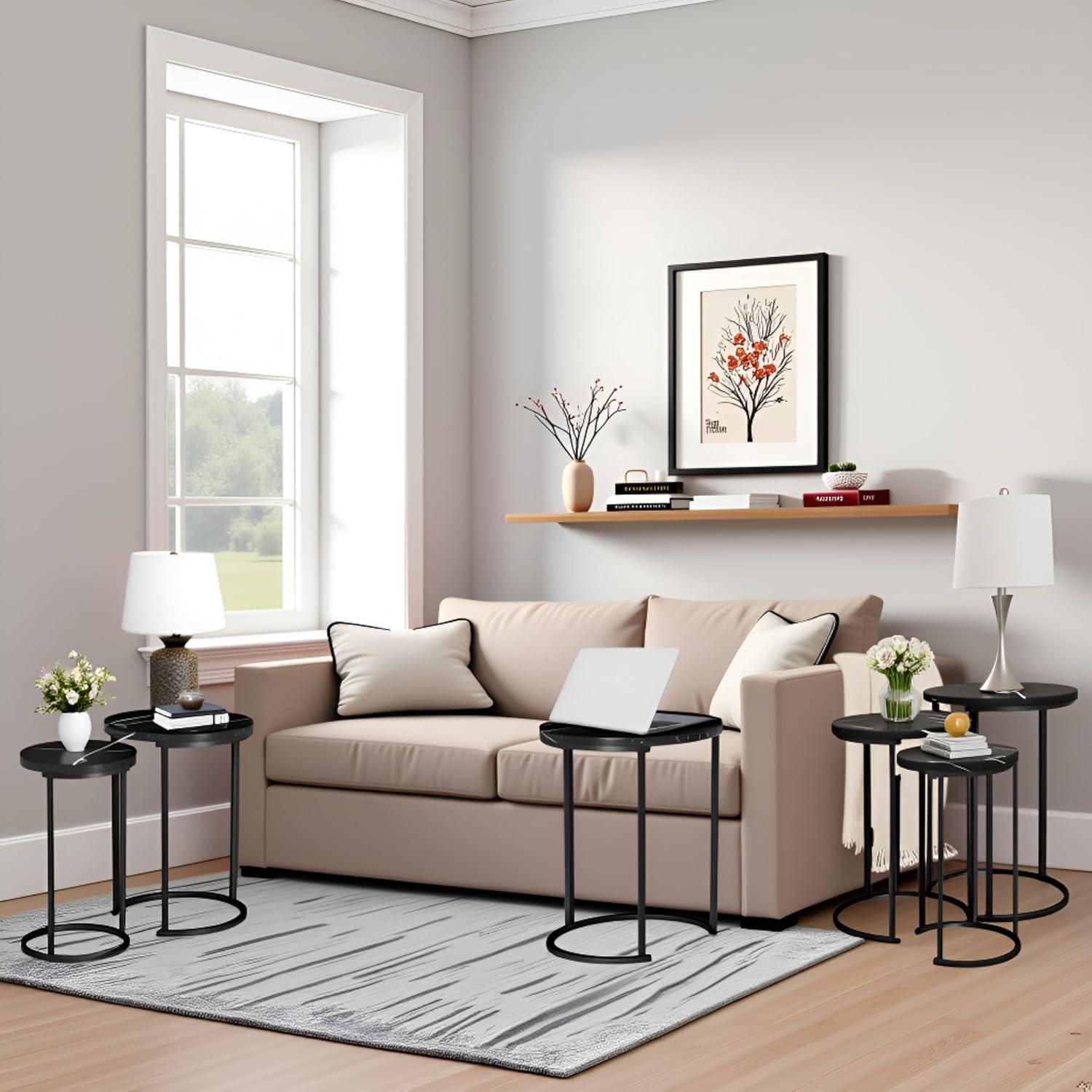 Black Faux Marble and Metal Round Nesting Tables Set of 3