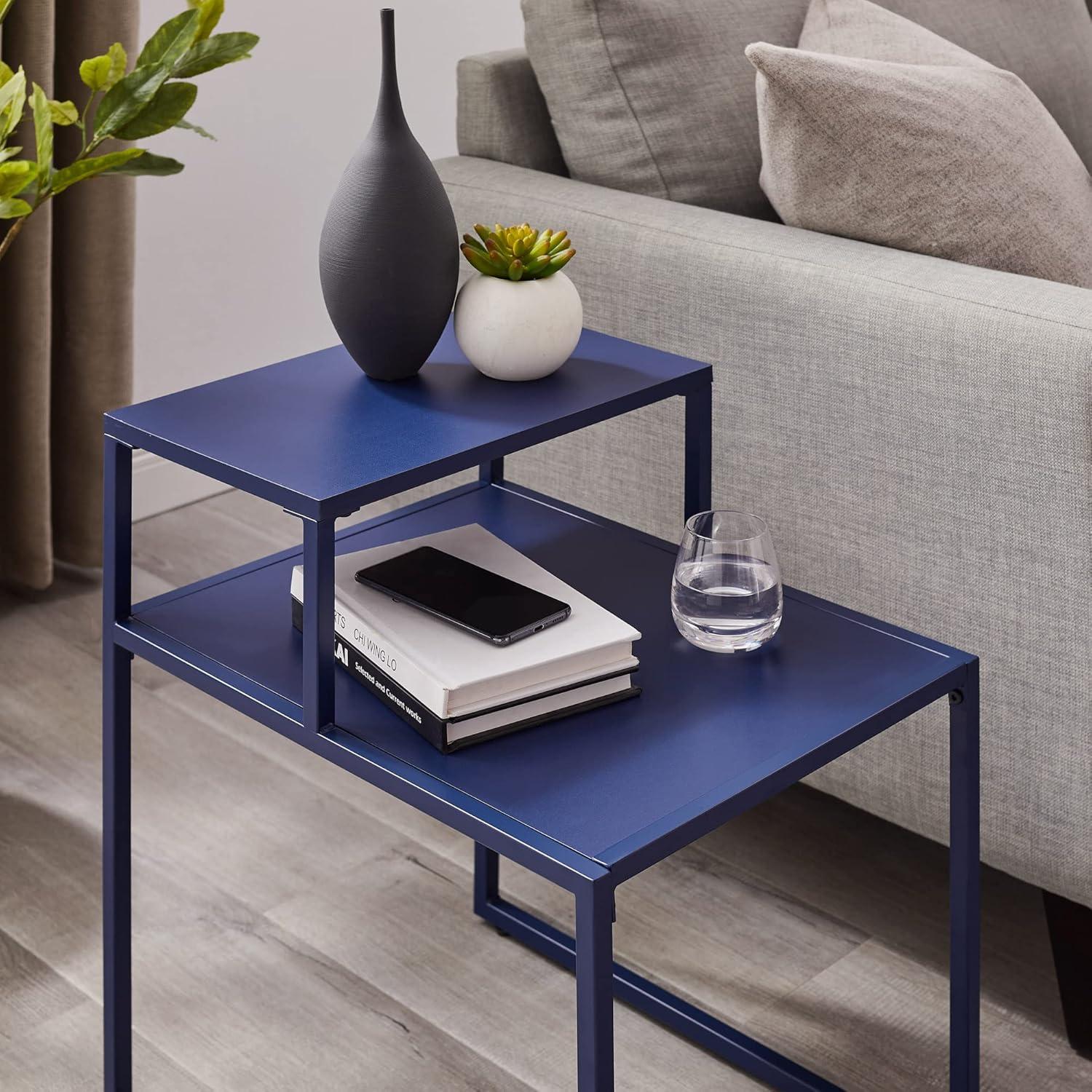 Walker Edison 16" Two Tiered Side Table Metal and Engineered Wood in Blue