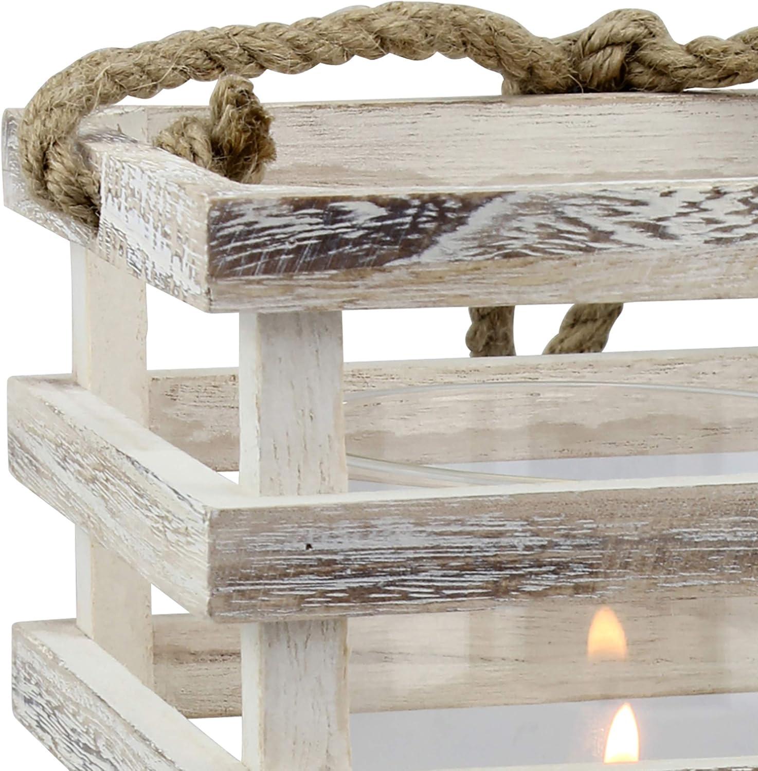 Stonebriar Indoor 8" Coastal Wood Candle Holder with Removable Glass Cylinder, Off-White