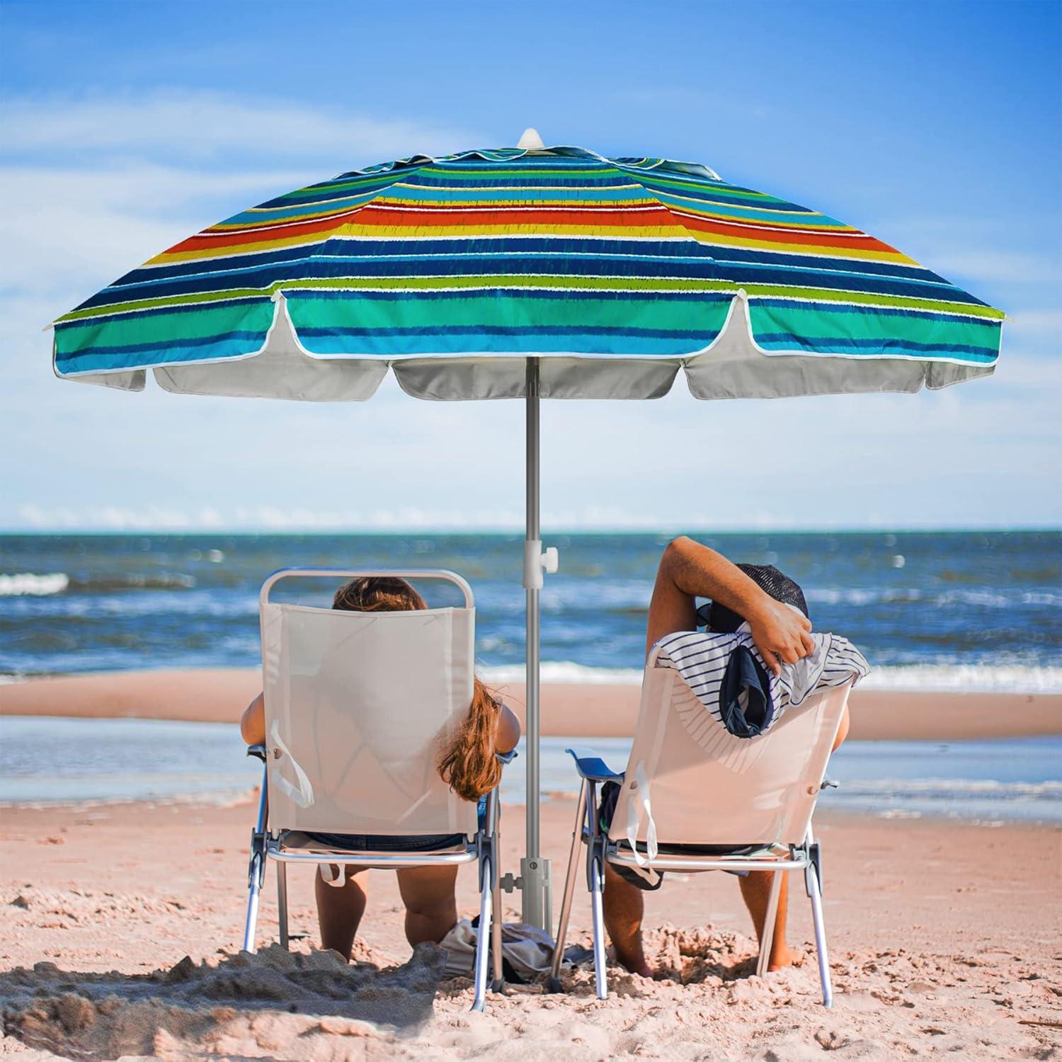 6.5ft Multicolor Striped Beach Umbrella with Aluminum Pole