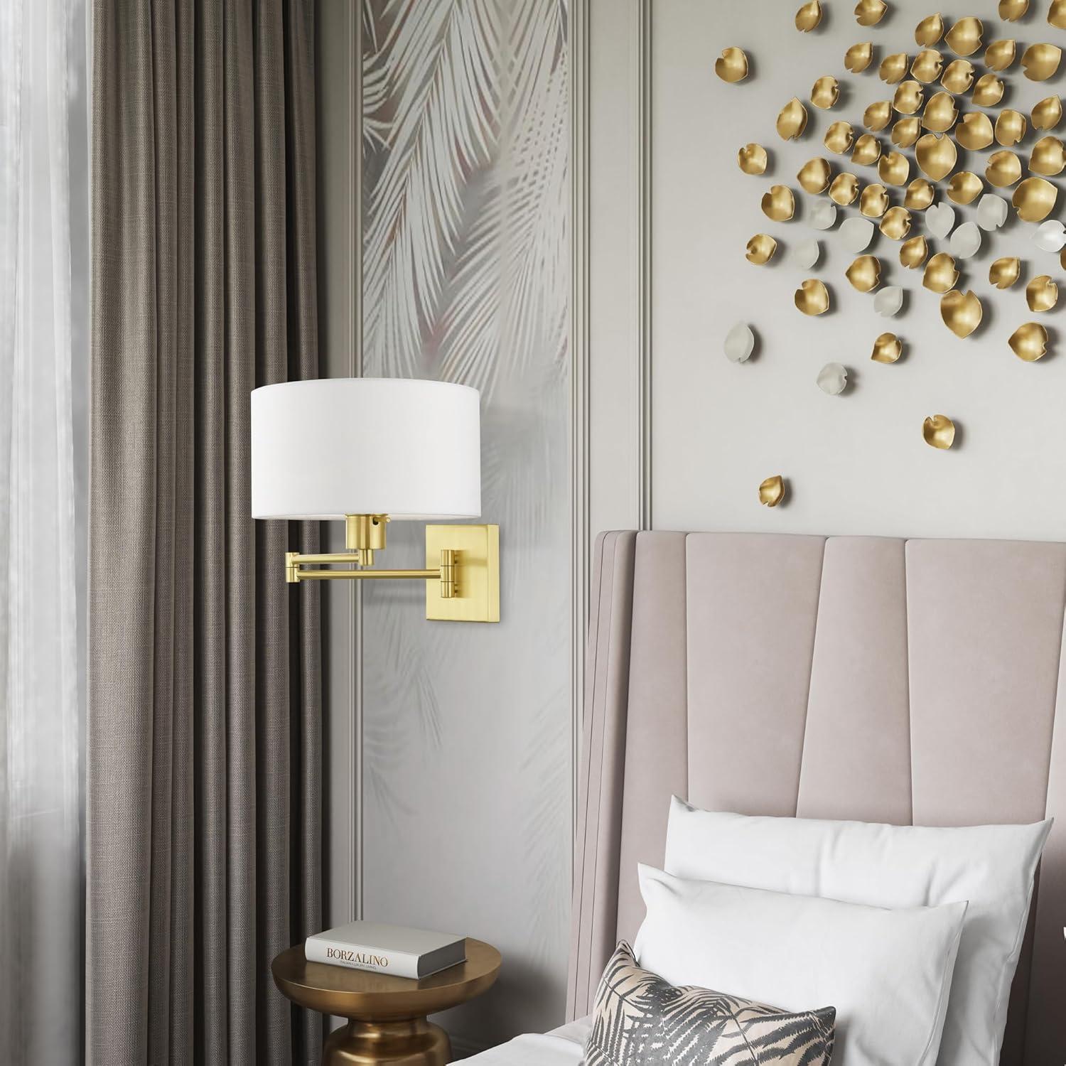 Satin Brass Swing Arm Wall Lamp with Off-White Shade