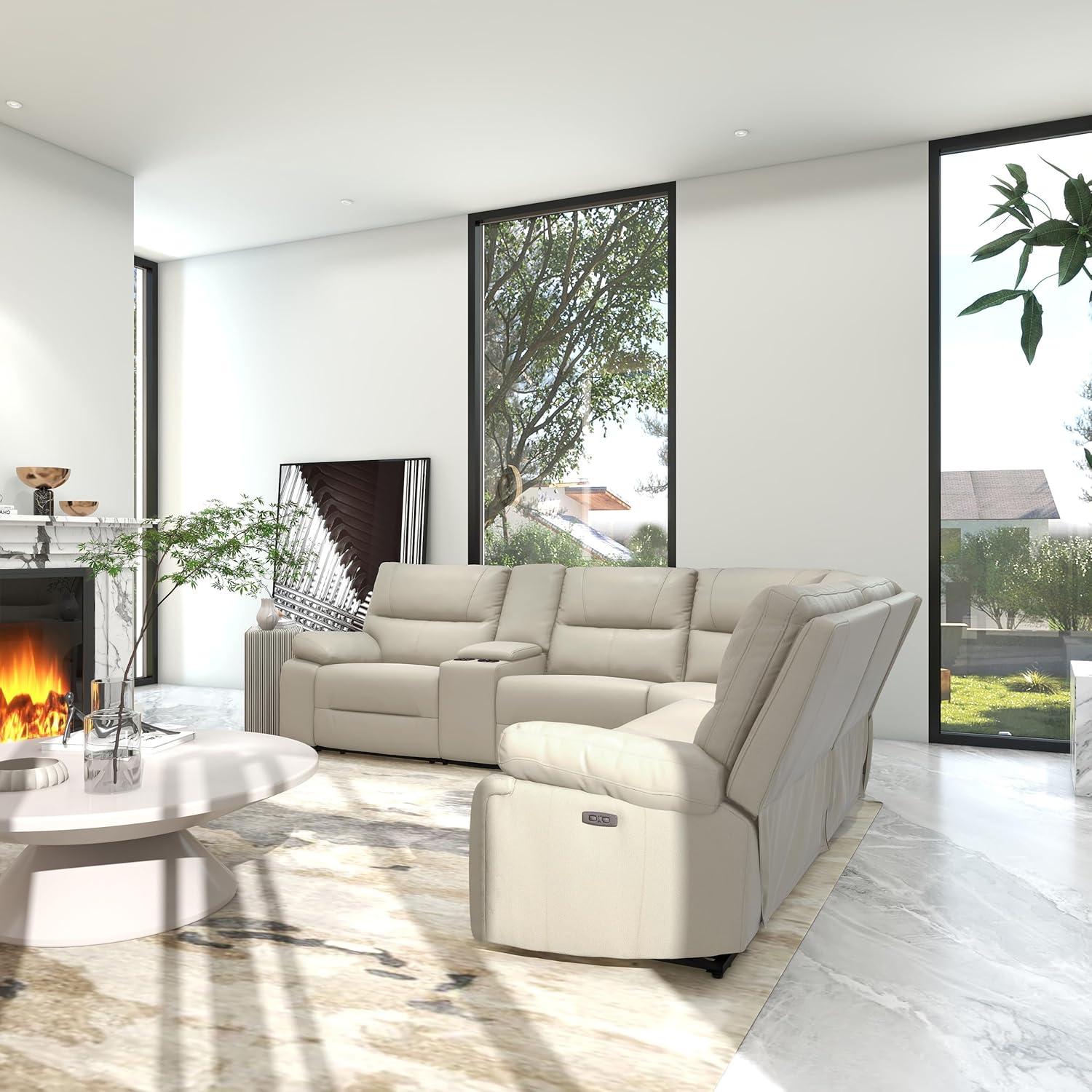 Jennifer Taylor Home Malibu 130" Modern Power Motion 6-Piece Reclining Corner Sectional with Cup Holders, Cream Taupe Beige Top Grain Leather