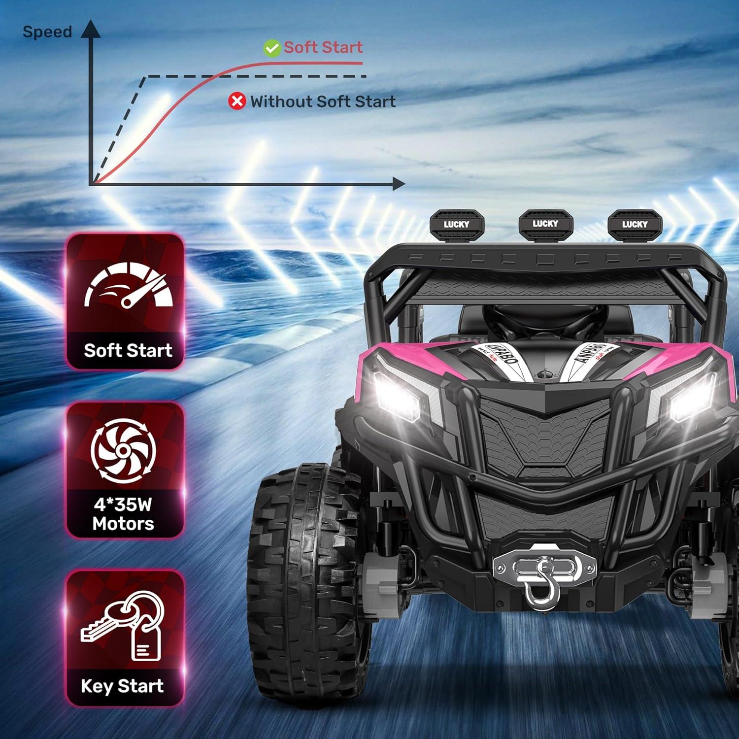 FINITO 24V Kids Ride on UTV, Electric Off-Road Vehicle 4 Wheeler Battery Powered Truck w/ Storage Trunk Parent Remote Control Gift for Boy Girl, Pink