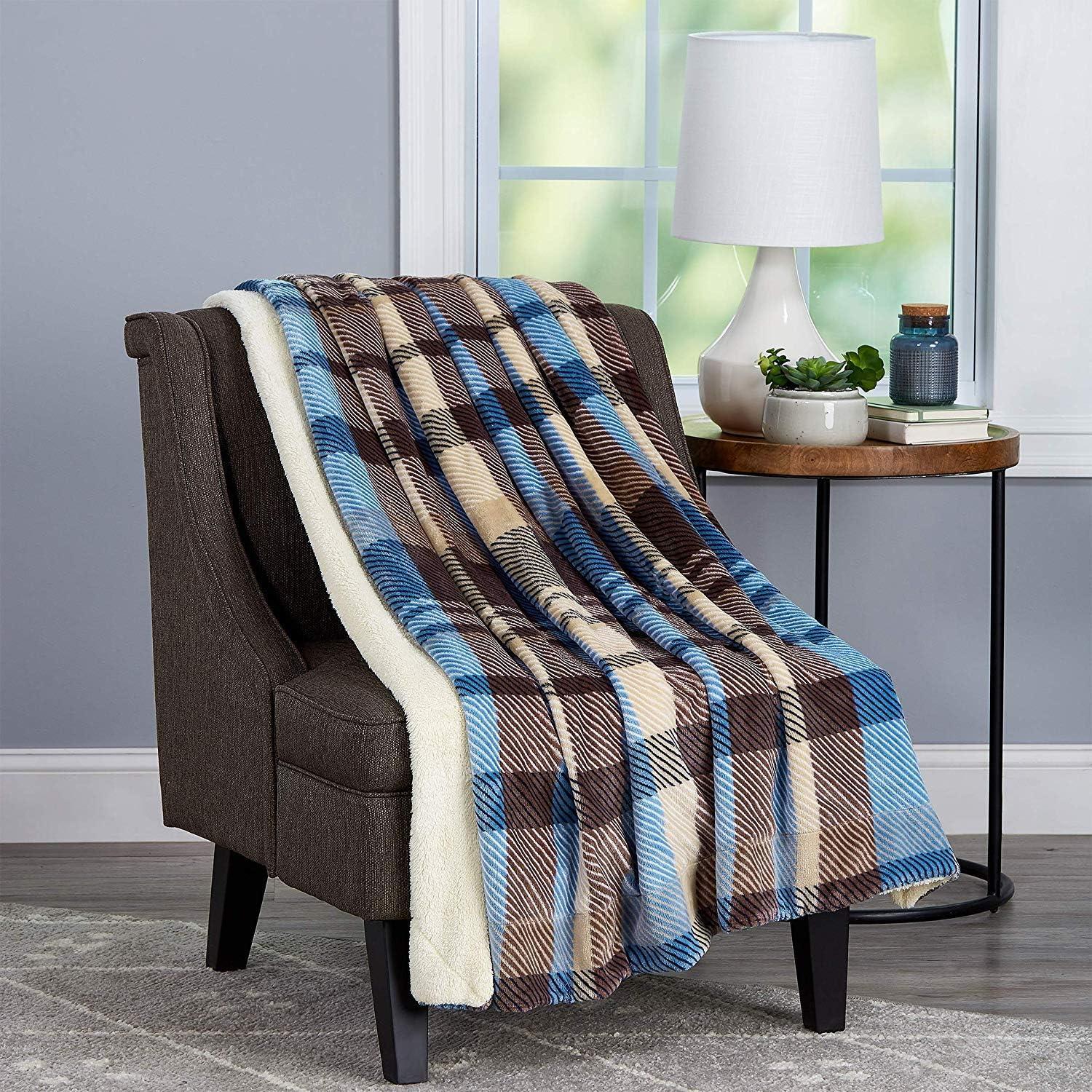 Oversized Blue and Brown Plaid Sherpa Fleece Throw Blanket