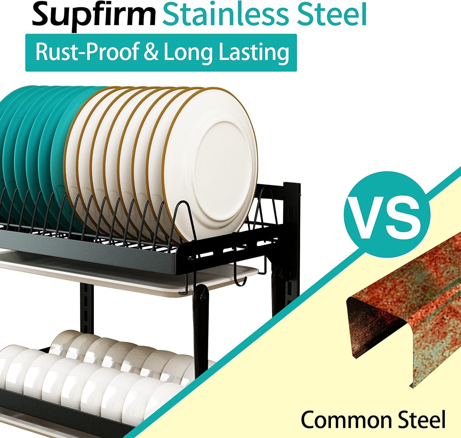 Wall Mounted Stainless Steel Dish Drying Rack Fruit Vegetable Storage Basket with Drainboard and Hanging Chopsticks Cage Knife Holder Kitchen Supplies Shelf Utensils Organizer (2-Tier)