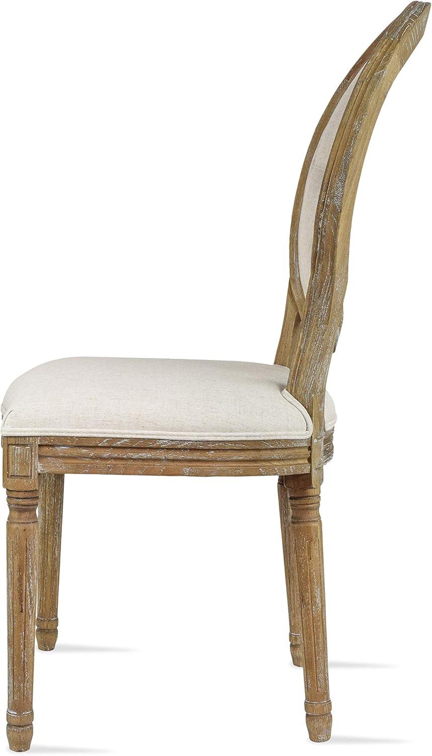 2xhome - French Chic Vintage Style Dining Side Chair With Upholstered Linen Welted Fabric And Elegant Natural Rustic Wood Frame - Tufted Button Oval Back