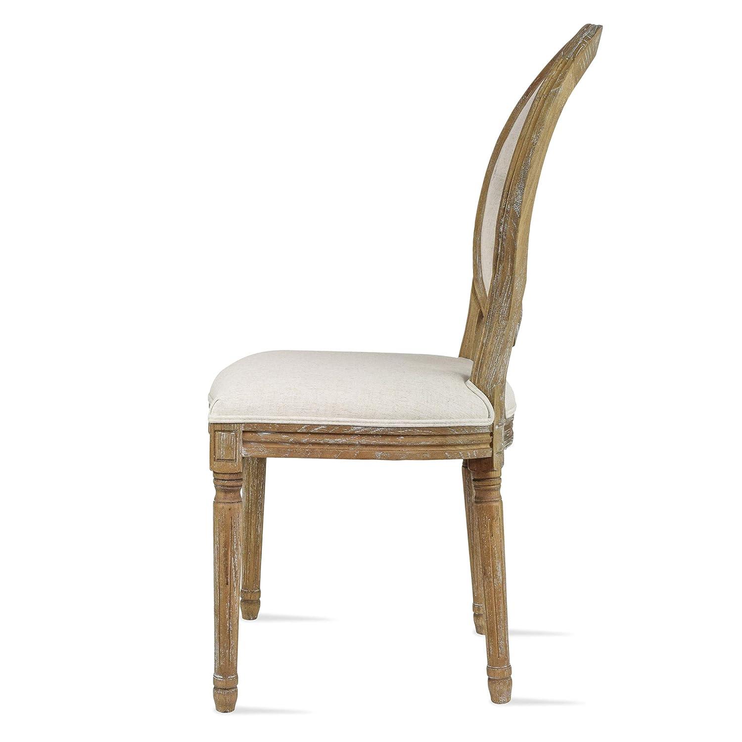2xhome - French Chic Vintage Style Dining Side Chair With Upholstered Linen Welted Fabric And Elegant Natural Rustic Wood Frame - Tufted Button Oval Back