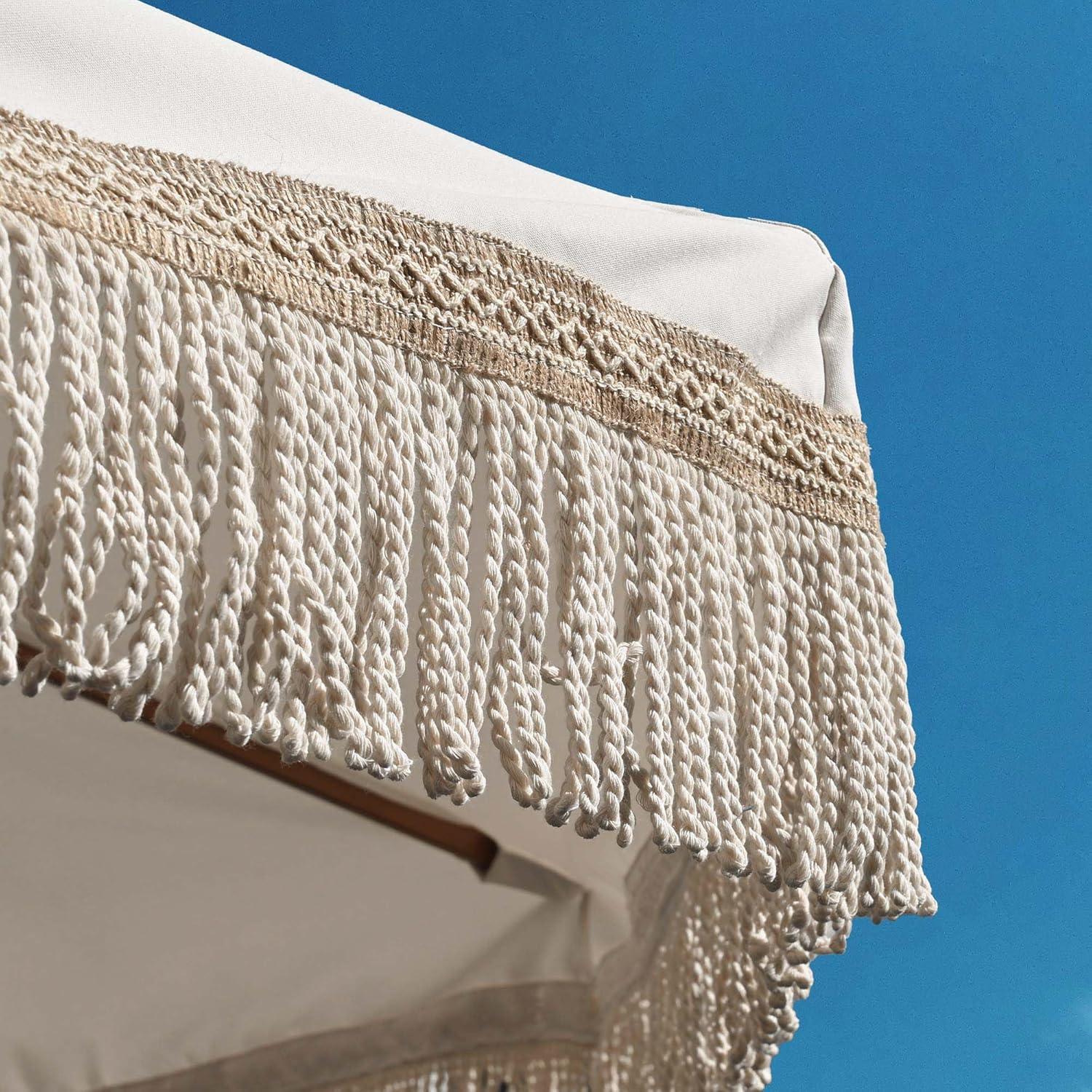 LAGarden BOHO 9' Fringe Patio Umbrella with Tassels UPF50+ Boho Style 5-Year-Non-Fading for Outdoor Yard Market Ivony Xchevron white