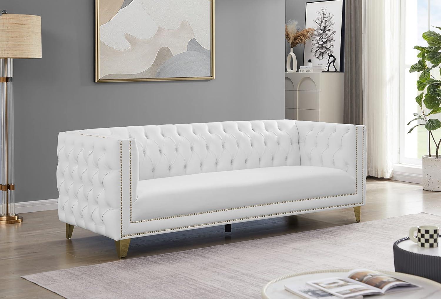 Michelle 90'' White Faux Leather Tufted Sofa with Gold Nailhead Trim