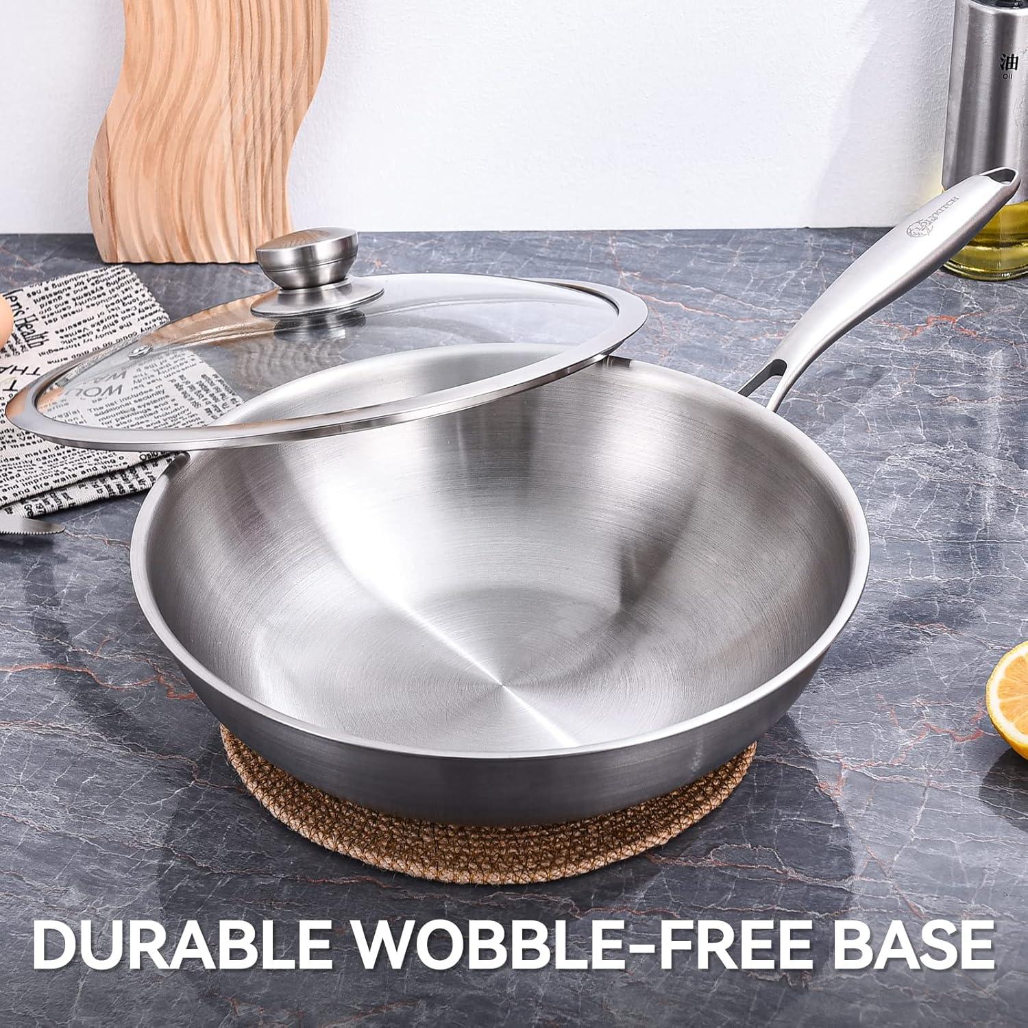 LOLYKITCH 12 Inch Tri-Ply Stainless Steel Wok Pan with Lid, Stir-Frying Pan,Induction Cooking Pan,Dishwasher and Oven Safe,Heavy Duty and Detachable Handle.