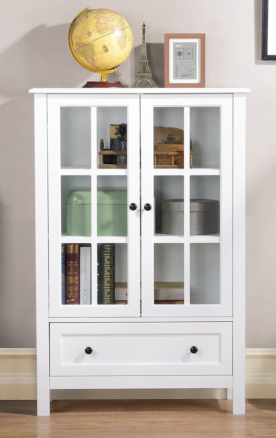 White Transitional Farmhouse China Cabinet with Glass Doors