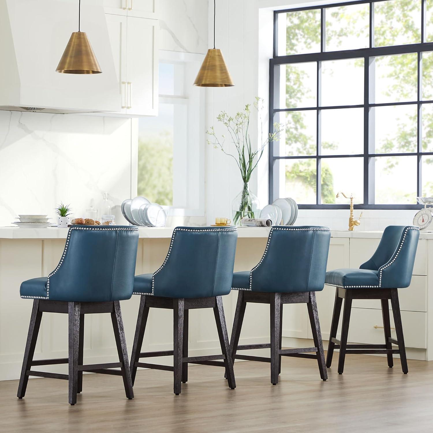 CHITA 26 in Upholstered Swivel Counter Bar Stools with Back&Wood Legs Set of 2, Faux Leather in Dark Blue