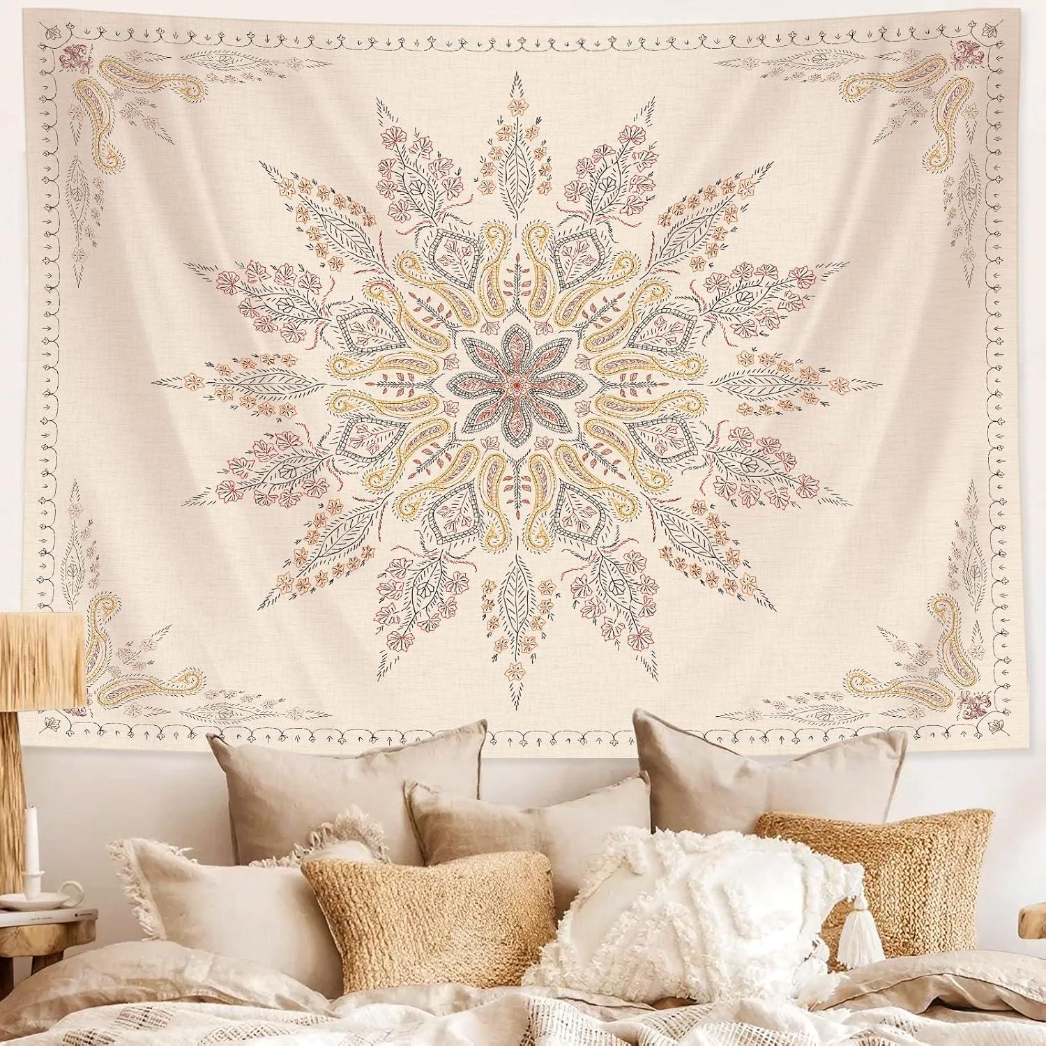 Beige and White Floral Bohemian Tapestry, 60x50 Inch