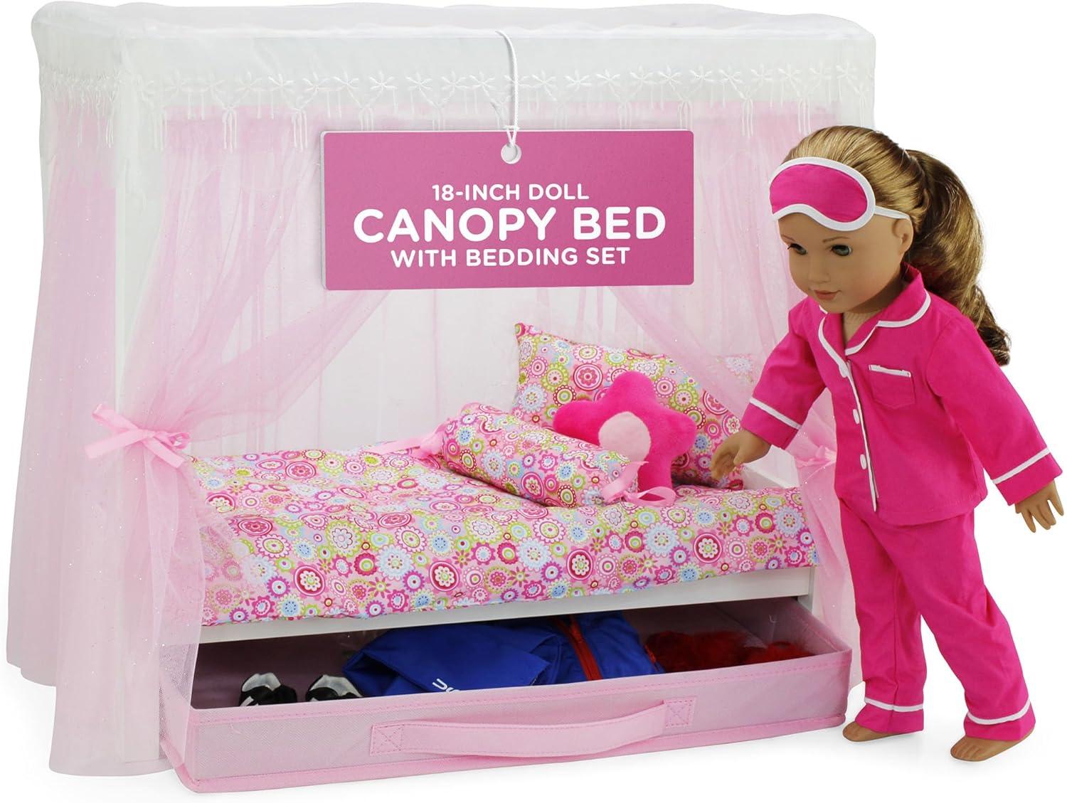Emily Rose 18 Inch Doll Furniture | 18" Doll Canopy Single Bed with Doll Clothes Storage Drawer | Doll Bed Includes a 5 Piece Colorful Bedding Set | Fits 15" - 18" Dolls