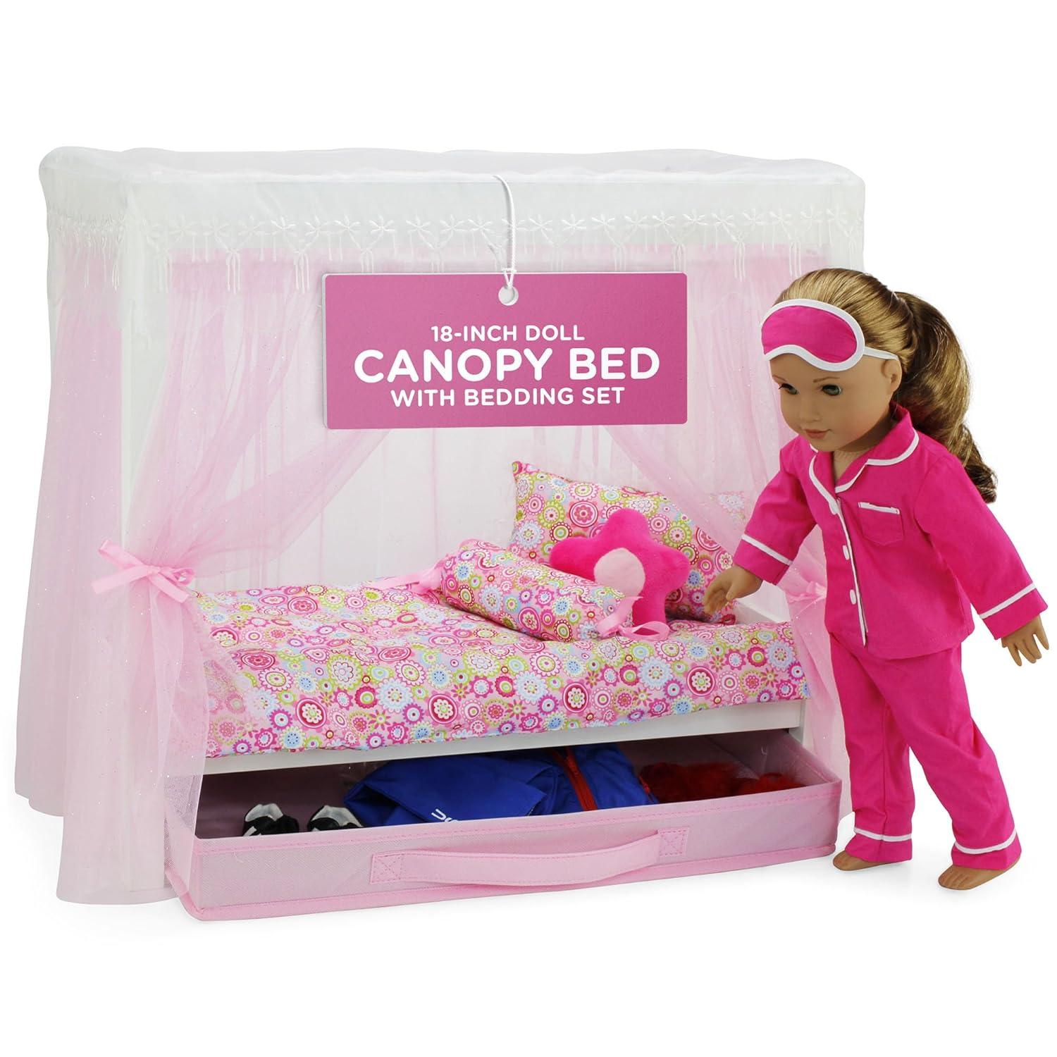 Emily Rose 18 Inch Doll Furniture | 18" Doll Canopy Single Bed with Doll Clothes Storage Drawer | Doll Bed Includes a 5 Piece Colorful Bedding Set | Fits 15" - 18" Dolls