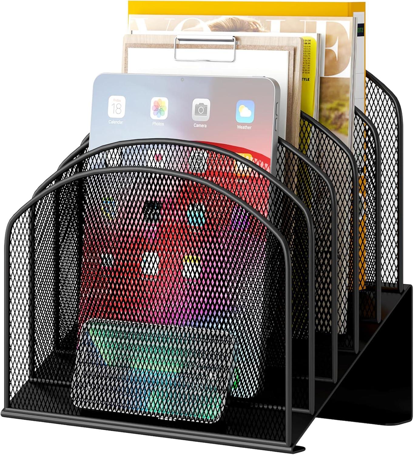 Black Metal Mesh Vertical Desktop File Organizer with 5 Dividers