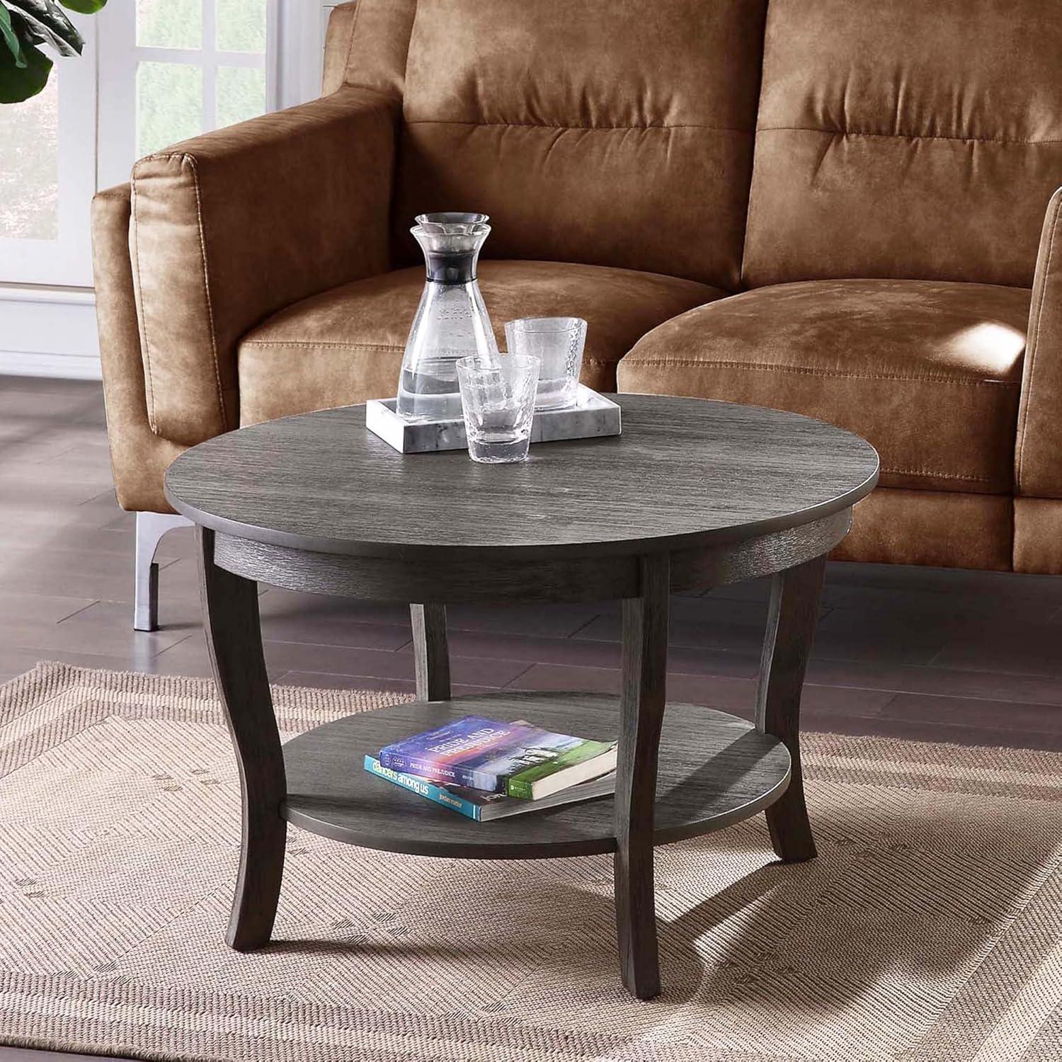 Dark Gray Round Wood Coffee Table with Shelf