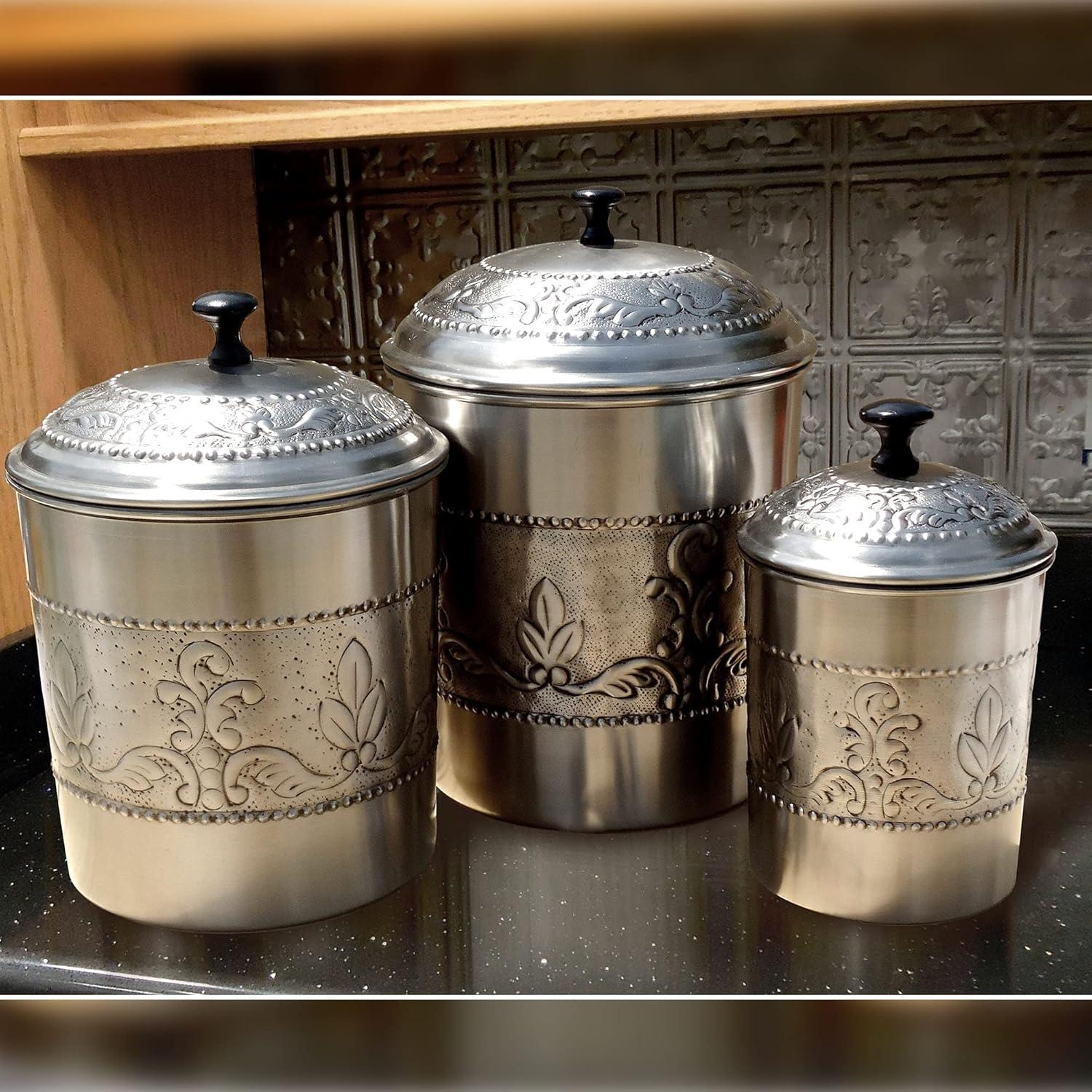 nu steel Antique Pewter Embossed Stainless Steel 3pc Canister Set, Beautiful Food Storage Container for Kitchen Counter, Tea, Sugar, Coffee, Caddy, Flour Canister with Rubber seal lid, TG-411-SET3