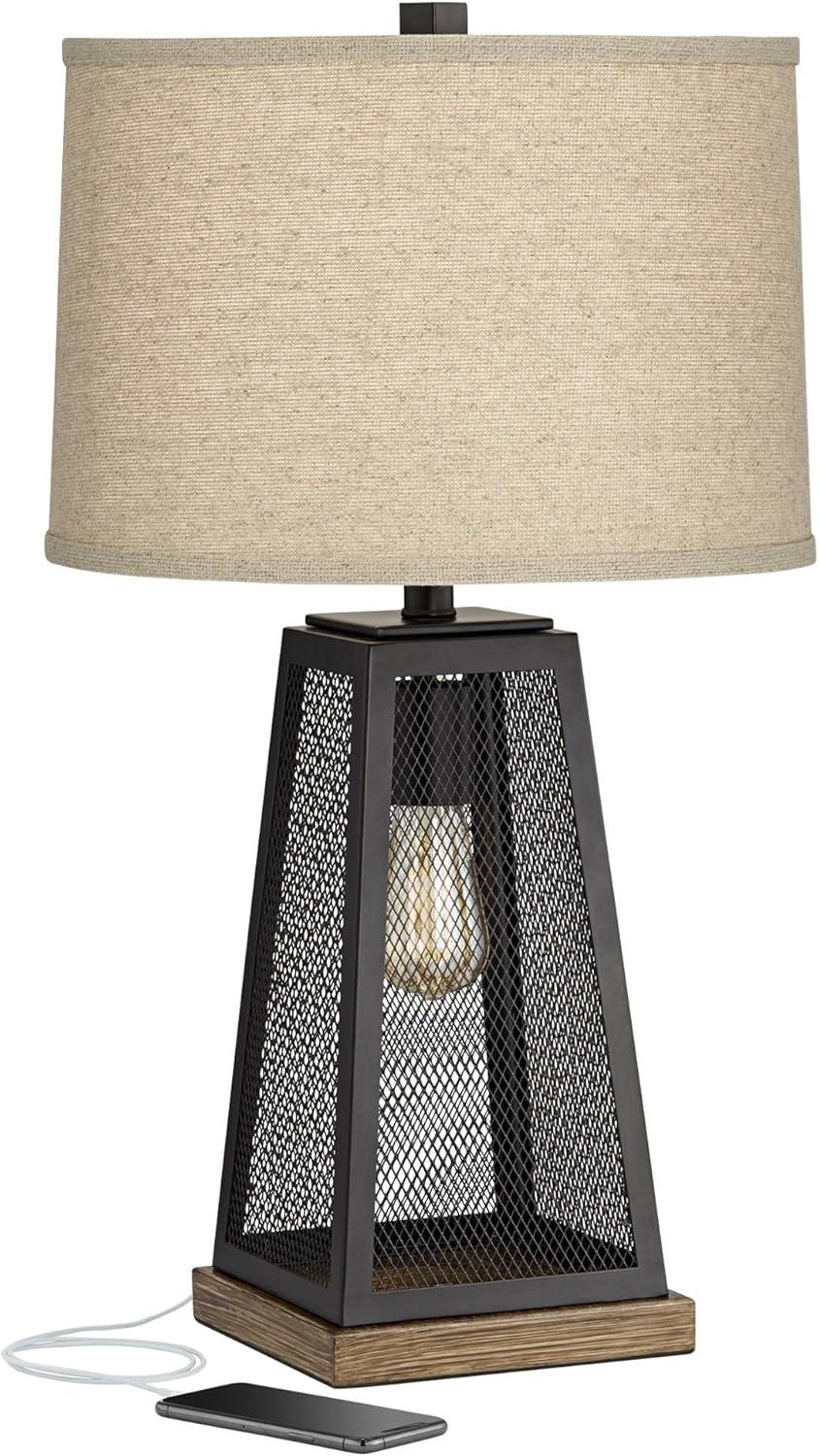 Franklin Iron Works Barris Industrial Table Lamp 26 3/4" High Metal Mesh with Nightlight LED USB Charging Port Burlap Shade for Living Room House Desk