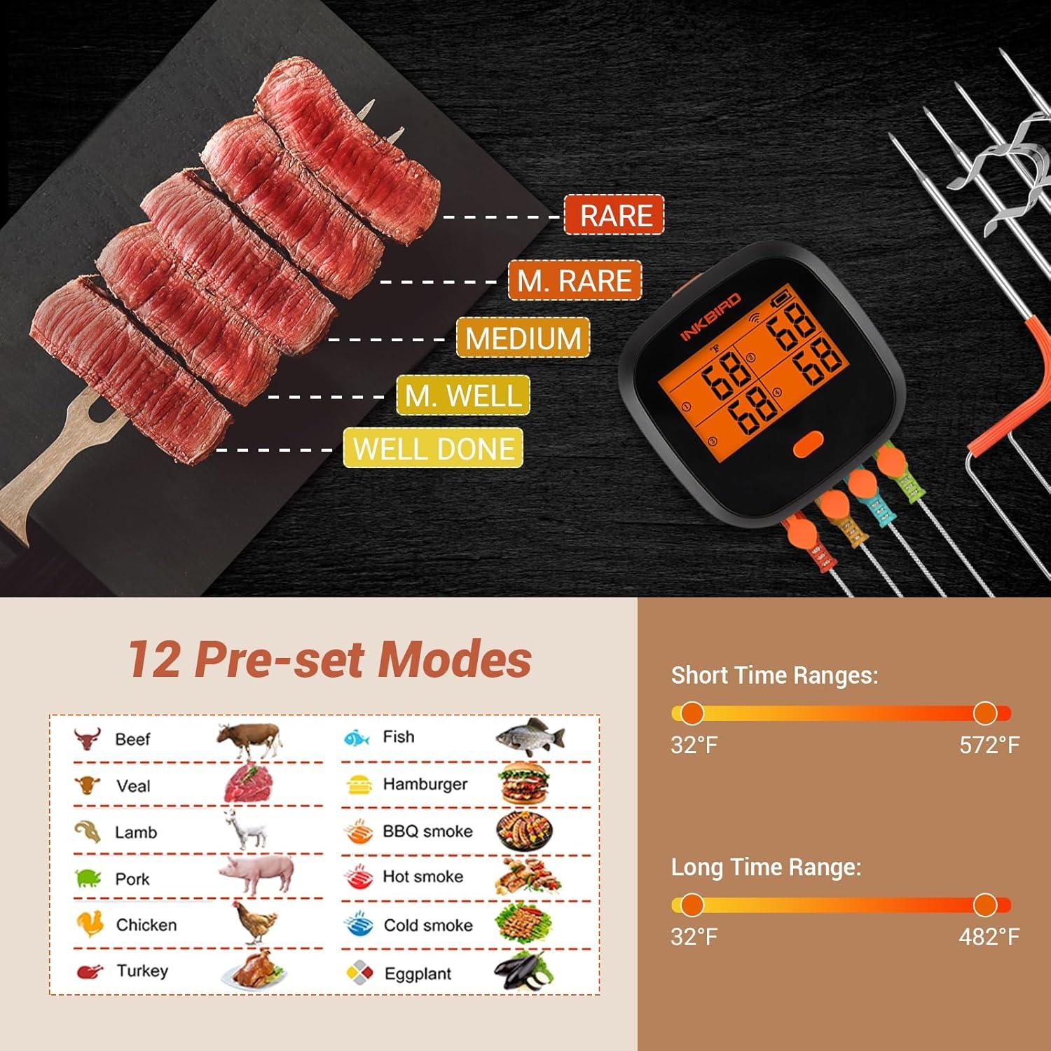 Inkbird IBBQ-4T Wi-Fi Rechargeable CD Display Timer Alarm BBQ Meat Thermometer with 4 Probes