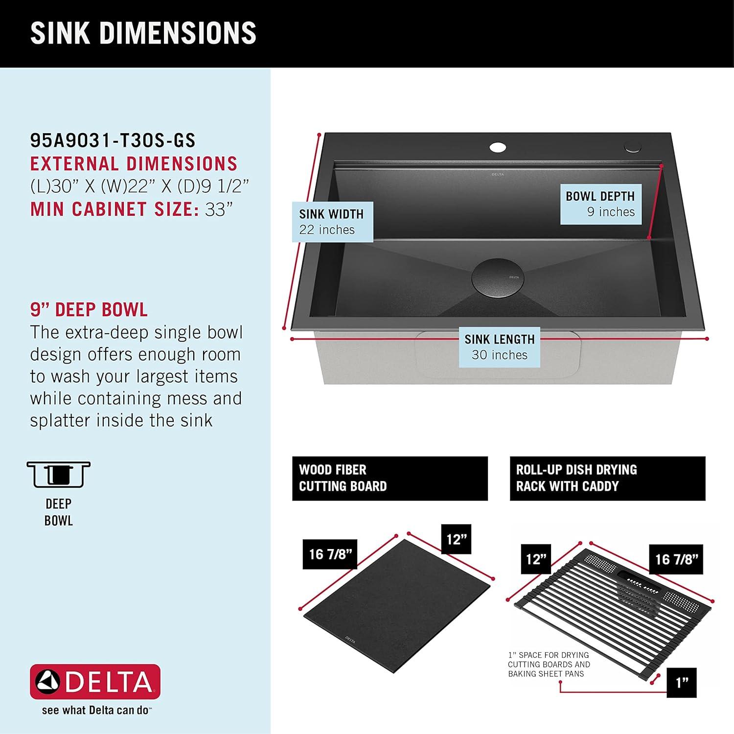 Delta Rivet 30" Black Stainless Steel Drop-In Workstation Kitchen Sink