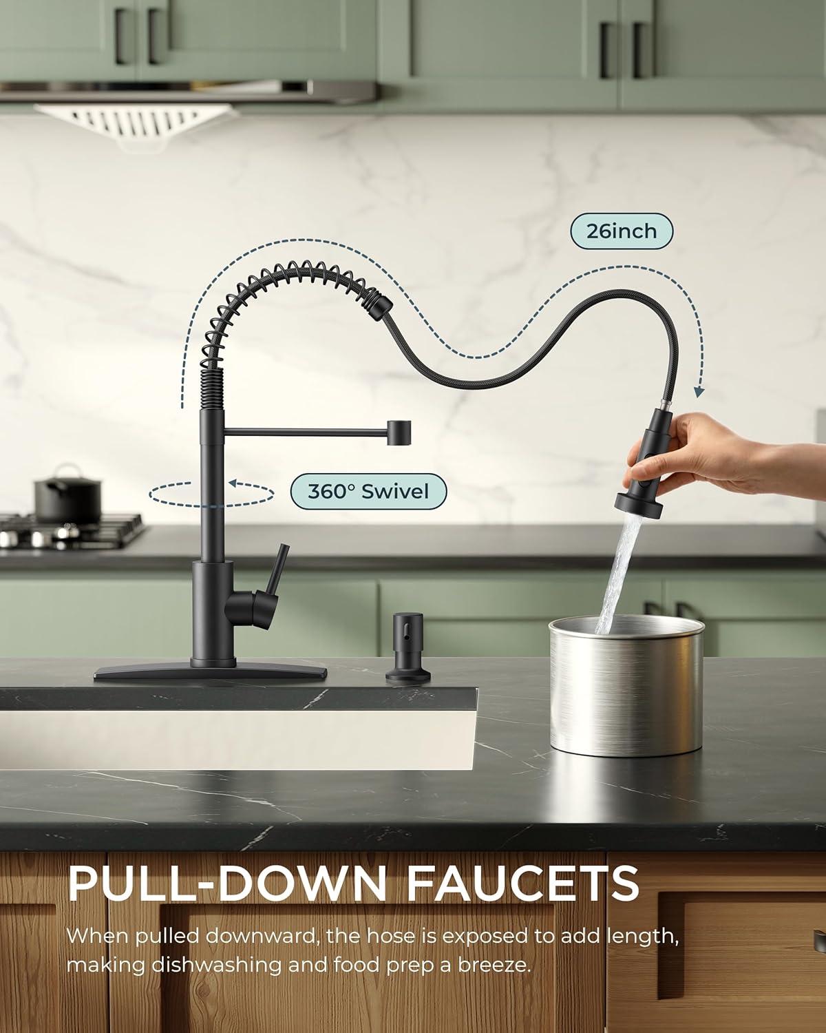 Matte Black Stainless Steel Pull Down Kitchen Faucet with Soap Dispenser