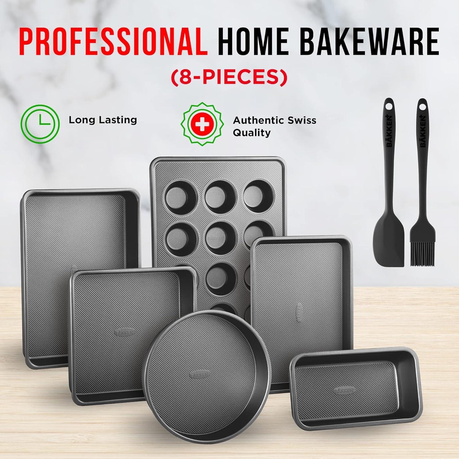 Bakeware Set – 8 Piece – Non-Stick Professional Home Bakeware – Multi Sized Baking Pan Set - Muffin Pan, Loaf Pan and More – Black